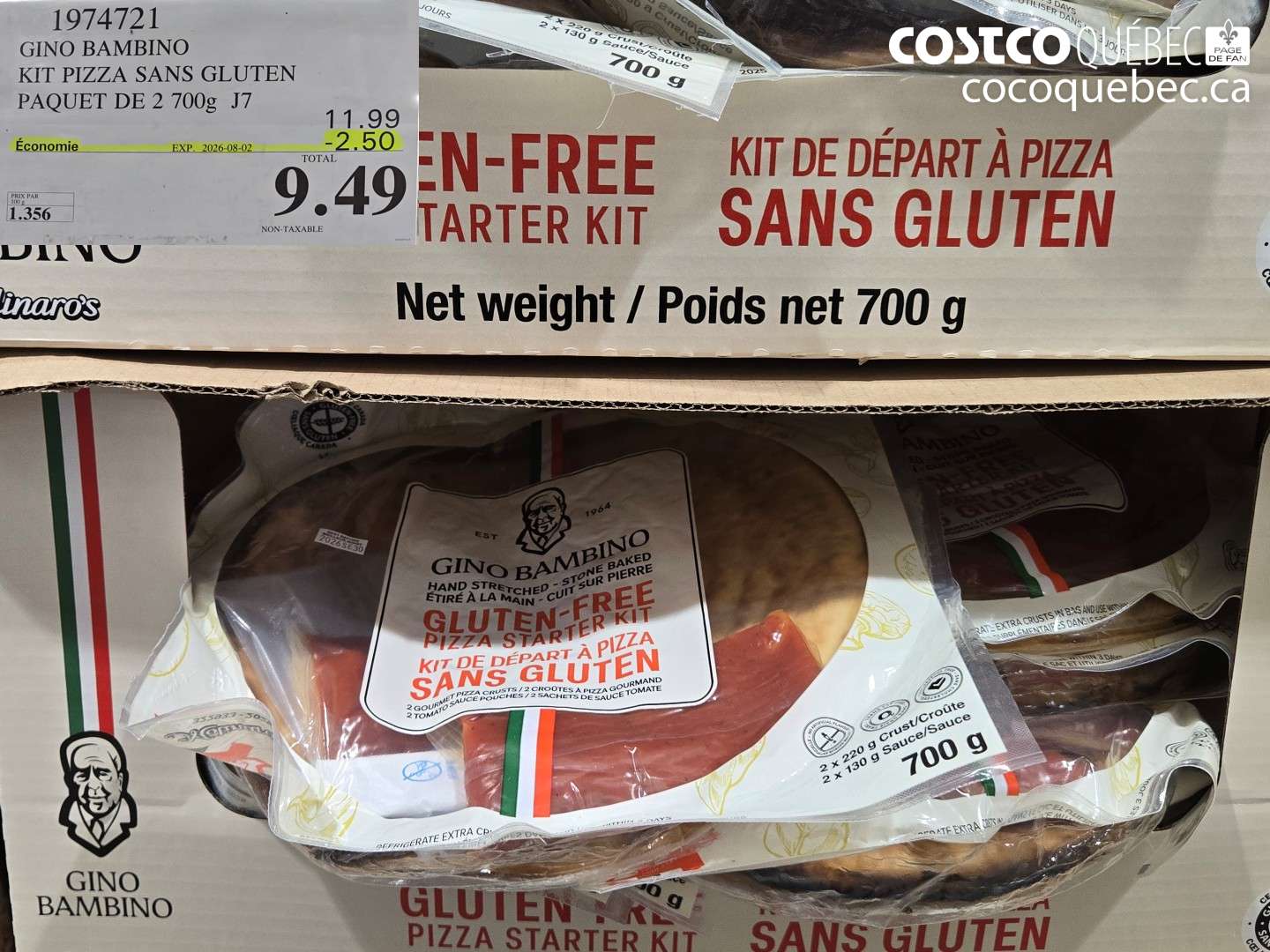 1974721 GINO BAMBINO KIT PIZZA SANS GLUTEN PAQUET DE 2 700G ($2.50 INSTANT SAVINGS EXPIRES ON 2026-08-02) $9.49