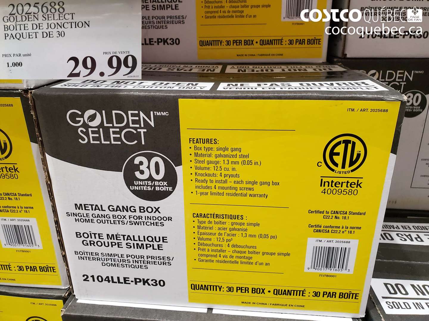 2025688 GOLDEN SELECT BOÎTE DE JONCTION PAQUET DE 30 $29.99