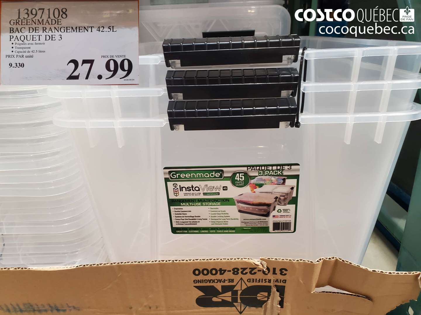 1397108 GREENMADE BAC DE RANGEMENT 42.5L PAQUET DE 3 $27.99