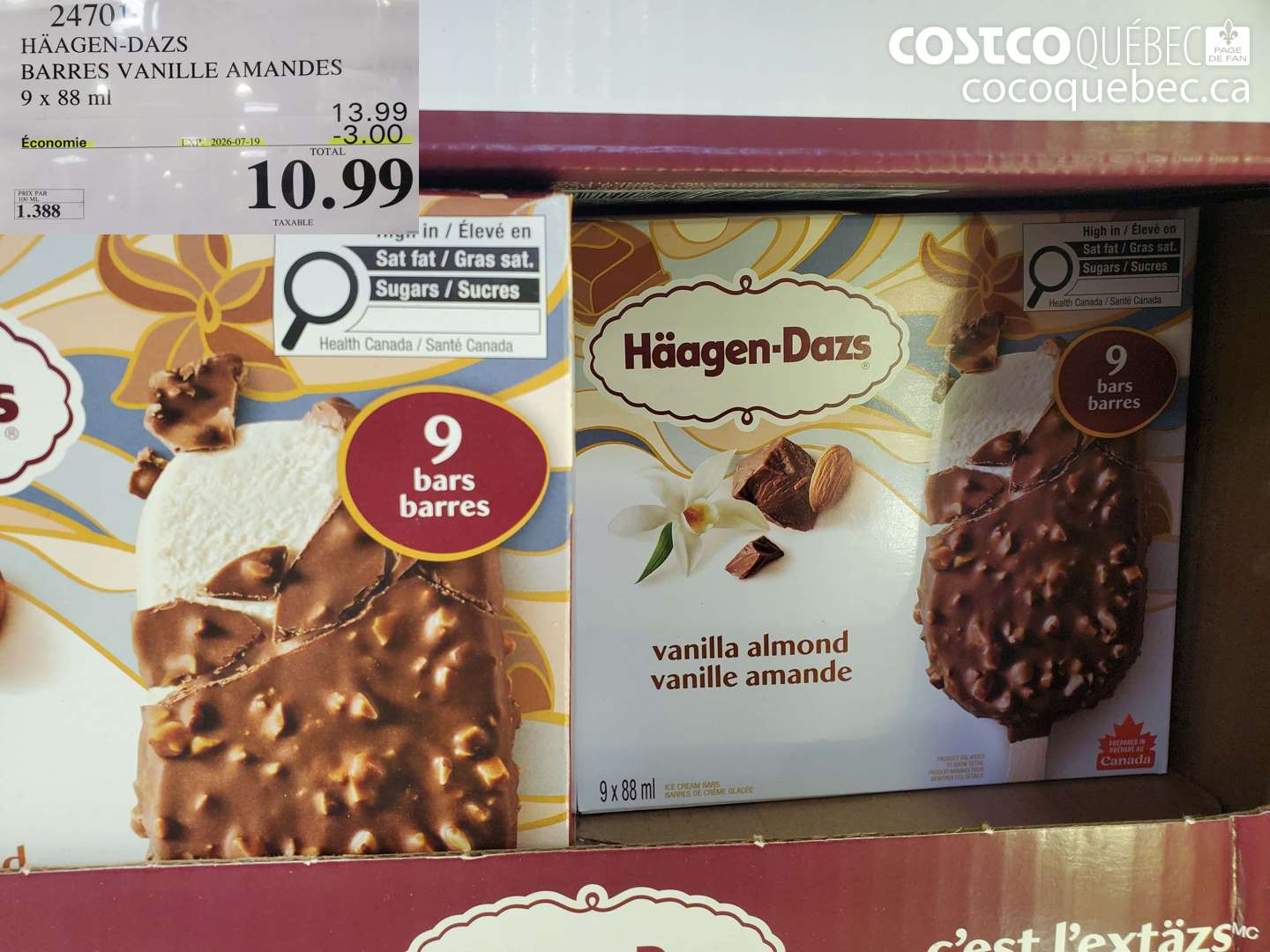 24701 HÄAGEN-DAZS BARRES VANILLE AMANDES 9 X 88 ML ($3.00 INSTANT SAVINGS EXPIRES ON 2026-07-19) $10.99