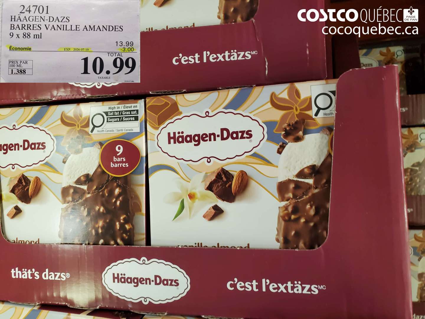 24701 HÄAGEN-DAZS BARRES VANILLE AMANDES 9 X 88 ML ($3.00 INSTANT SAVINGS EXPIRES ON 2026-07-19) $10.99