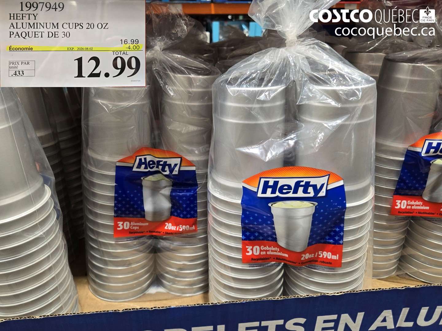 1997949 HEFTY ALUMINUM CUPS 20 OZ PAQUET DE 30 ($4.00 INSTANT SAVINGS EXPIRES ON 2026-08-02) $12.99
