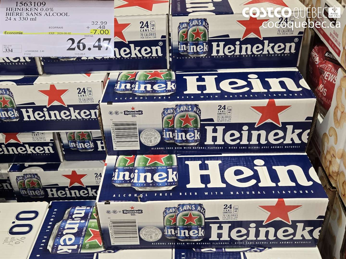 1563109 HEINEKEN 0.0% BIÈRE SANS ALCOOL 24 X 330 ML ($7.00 INSTANT SAVINGS EXPIRES ON 2026-08-02) $26.47