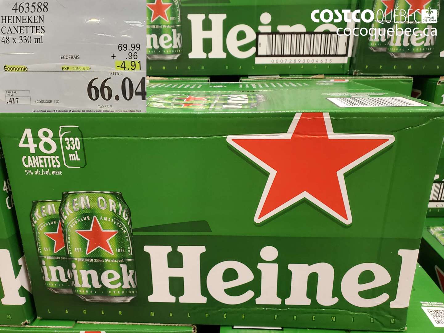 463588 HEINEKEN CANETTES 48 X 330 ML ($4.91 INSTANT SAVINGS EXPIRES ON 2026-07-29) $66.04