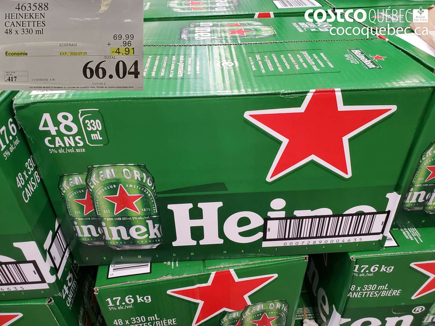463588 HEINEKEN CANETTES 48 X 330 ML ($4.91 INSTANT SAVINGS EXPIRES ON 2026-07-29) $66.04
