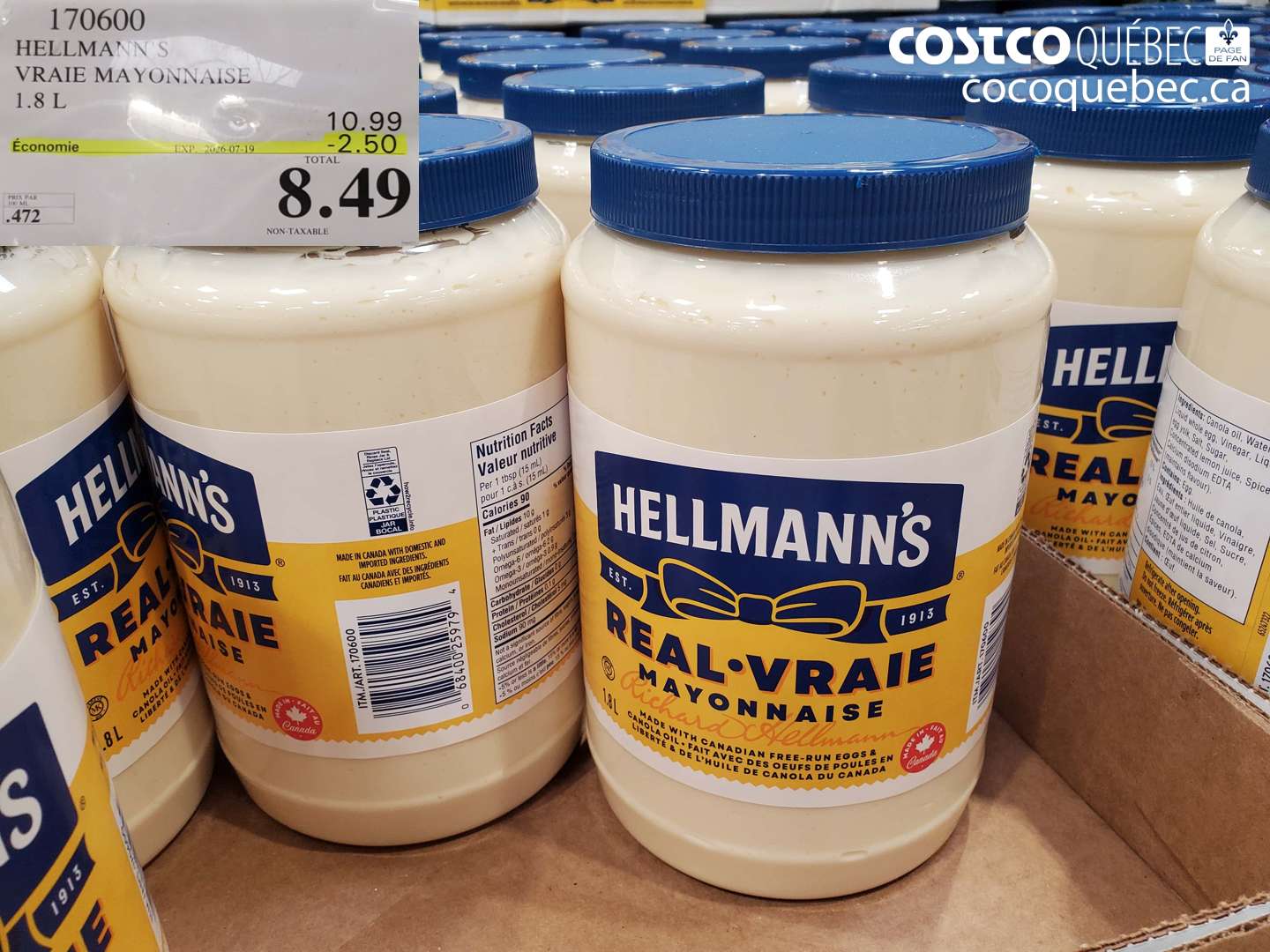170600 HELLMANN'S VRAIE MAYONNAISE 1.8 L ($2.50 INSTANT SAVINGS EXPIRES ON 2026-07-19) $8.49