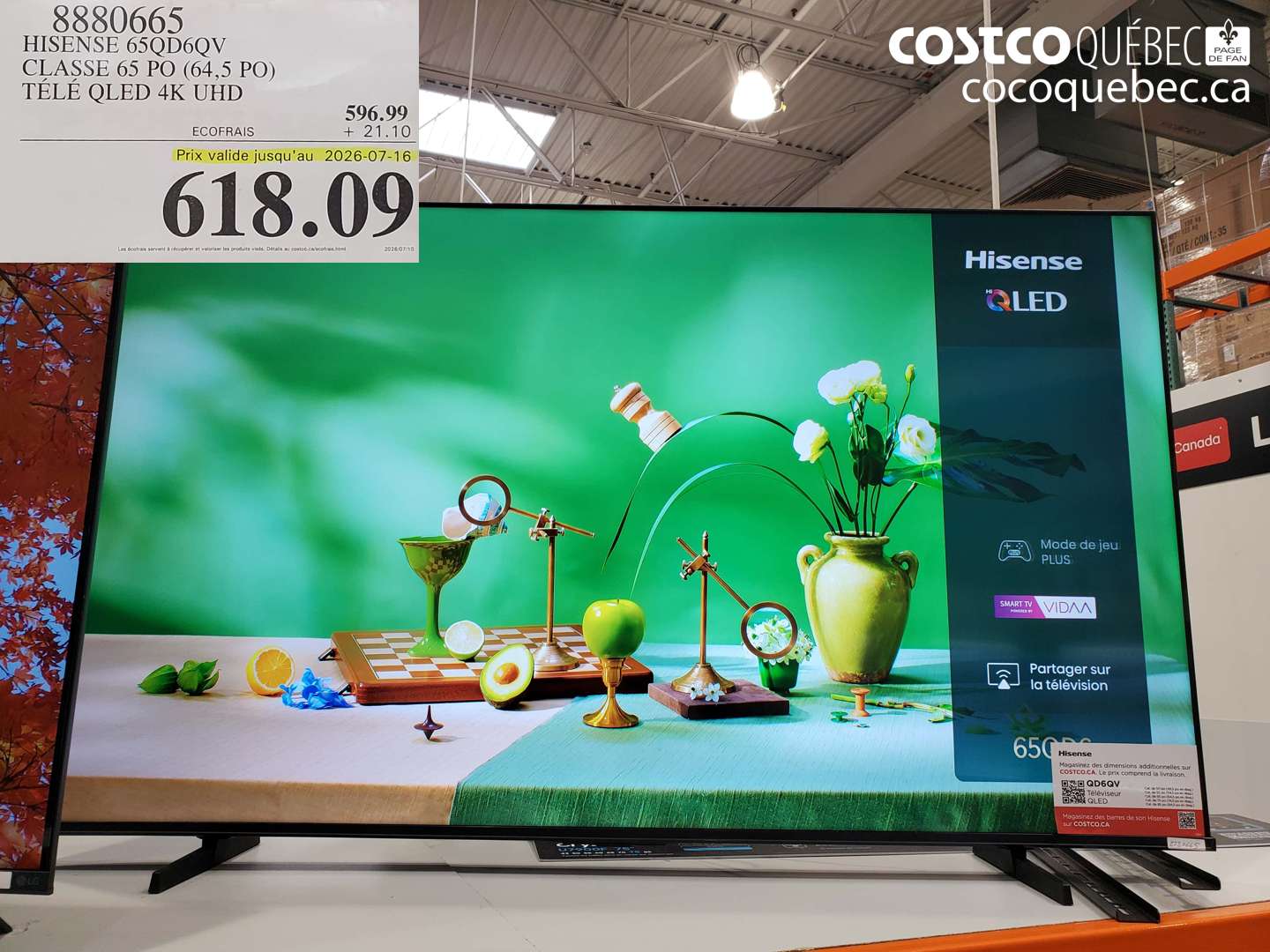 8880665 HISENSE 65QD6QV CLASSE 65 PO (64.5 PO) TÉLÉ QLED 4K UHD (EXPIRES ON 2026-07-16) $618.09