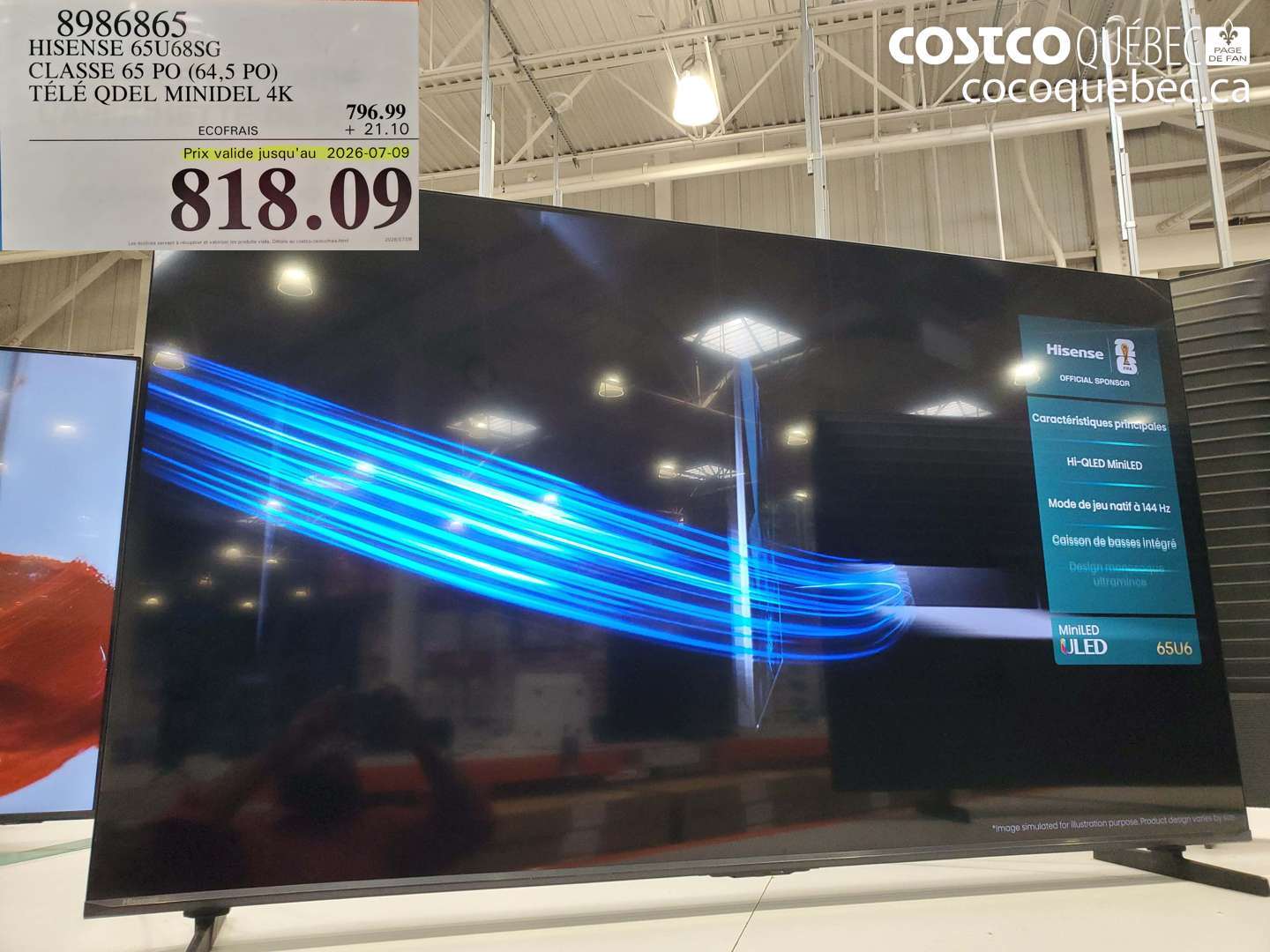 8986865 HISENSE 65U68SG CLASSE 65 PO (64.5 PO) TÉLÉ QDEL MINIDEL 4K (EXPIRES ON 2026-07-09) $818.09