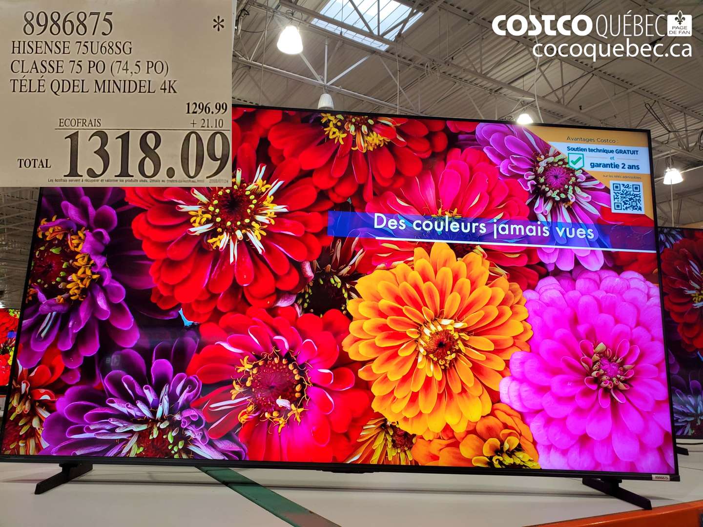 8986875 HISENSE 75U68SG CLASSE 75 PO (74.5 PO) TÉLÉ QDEL MINIDEL 4K $1318.09