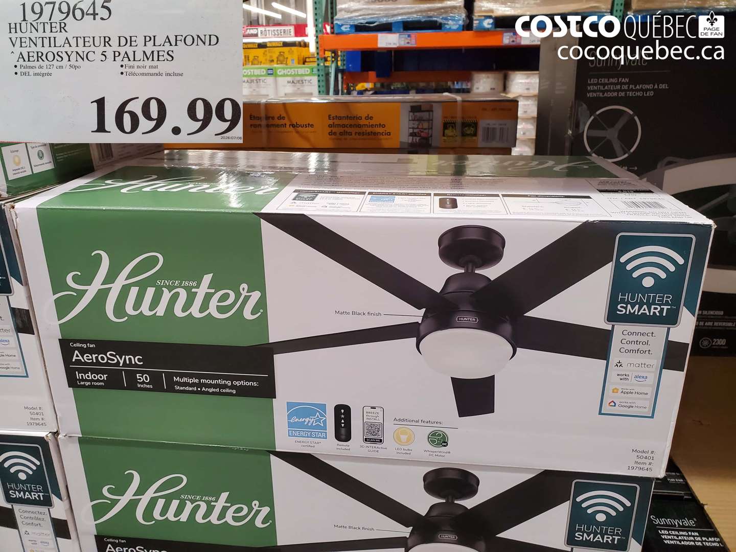 1979645 HUNTER VENTILATEUR DE PLAFOND AEROSYNC 5 PALMES $169.99