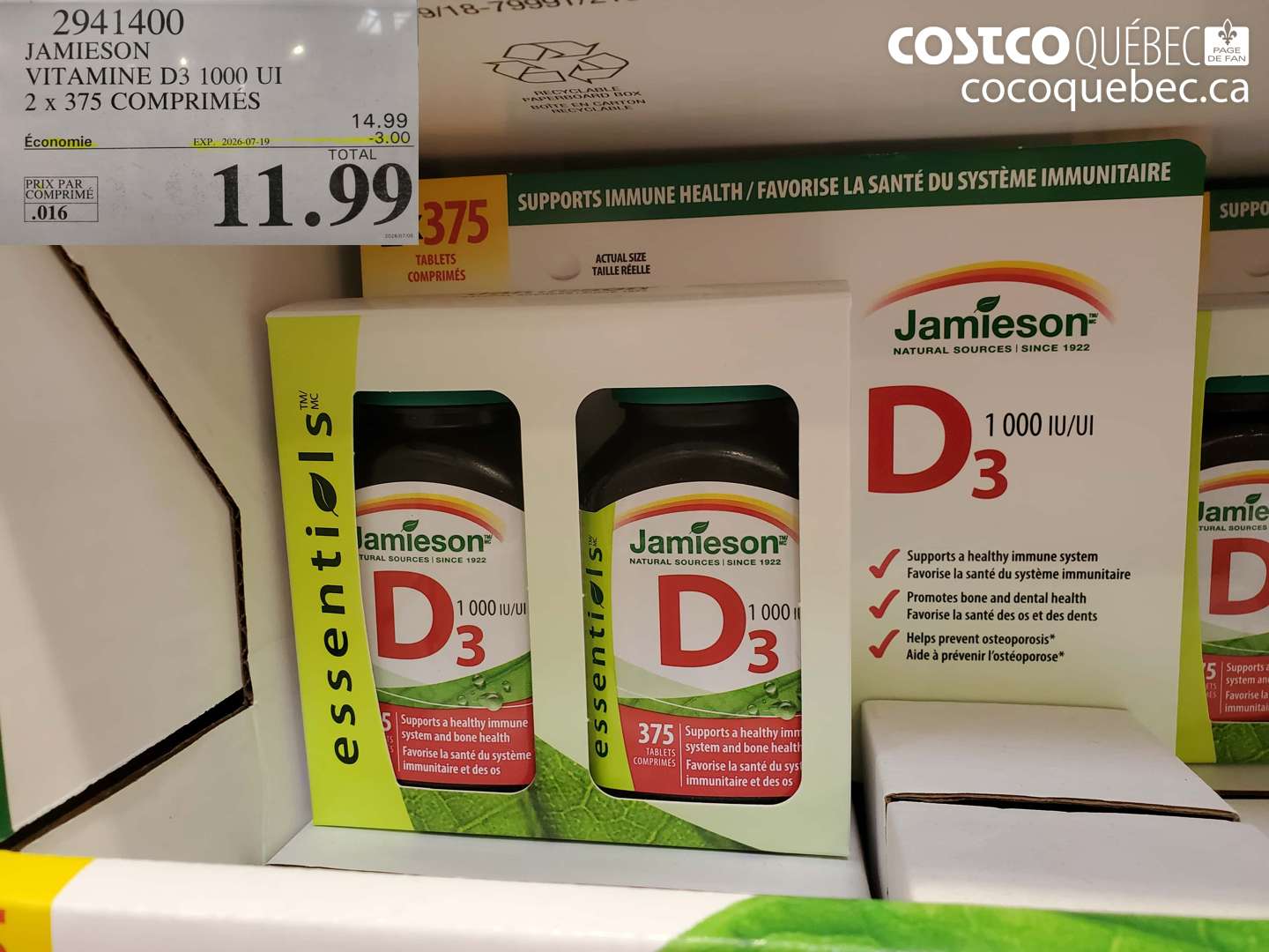 2941400 JAMIESON VITAMINE D3 1000 UI 2 X 375 COMPRIMÉS ($3.00 INSTANT SAVINGS EXPIRES ON 2026-07-19) $11.99