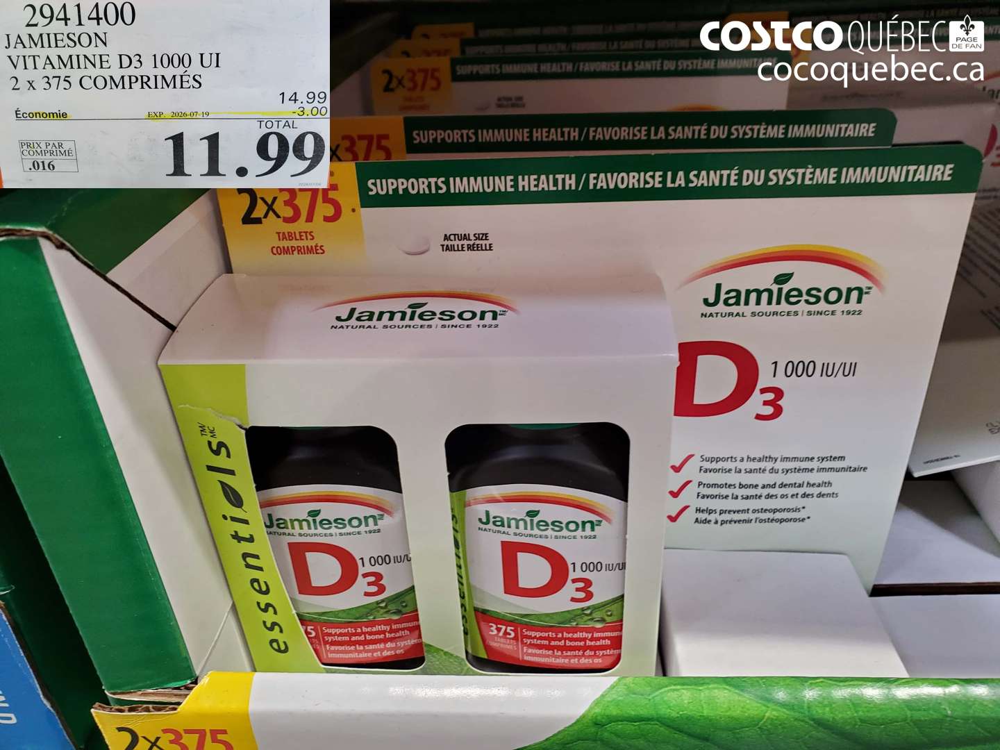 2941400 JAMIESON VITAMINE D3 1000 UI 2 X 375 COMPRIMÉS ($3.00 INSTANT SAVINGS EXPIRES ON 2026-07-19) $11.99