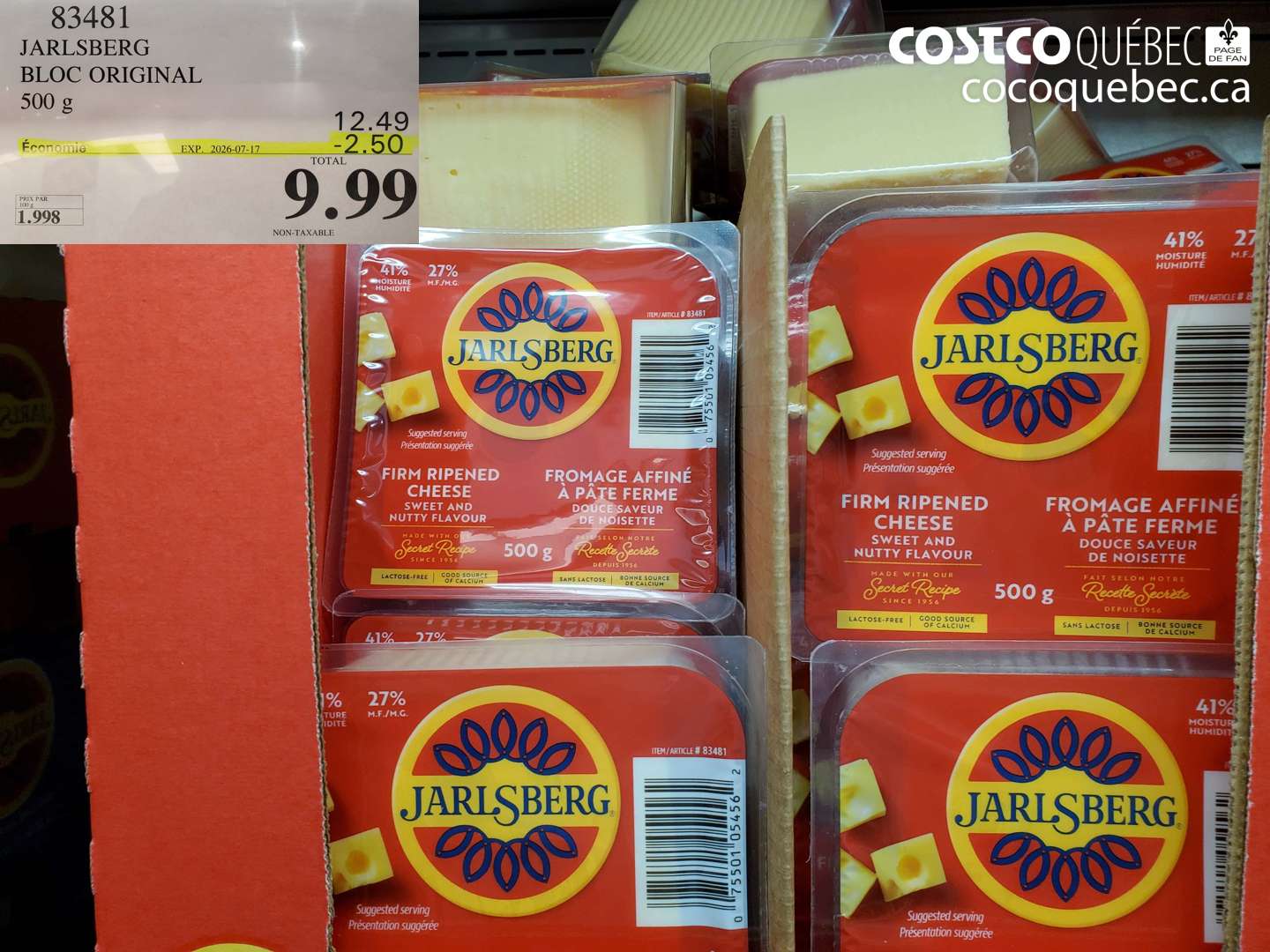 83481 JARLSBERG BLOC ORIGINAL 500G ($2.50 INSTANT SAVINGS EXPIRES ON 2026-07-17) $9.99