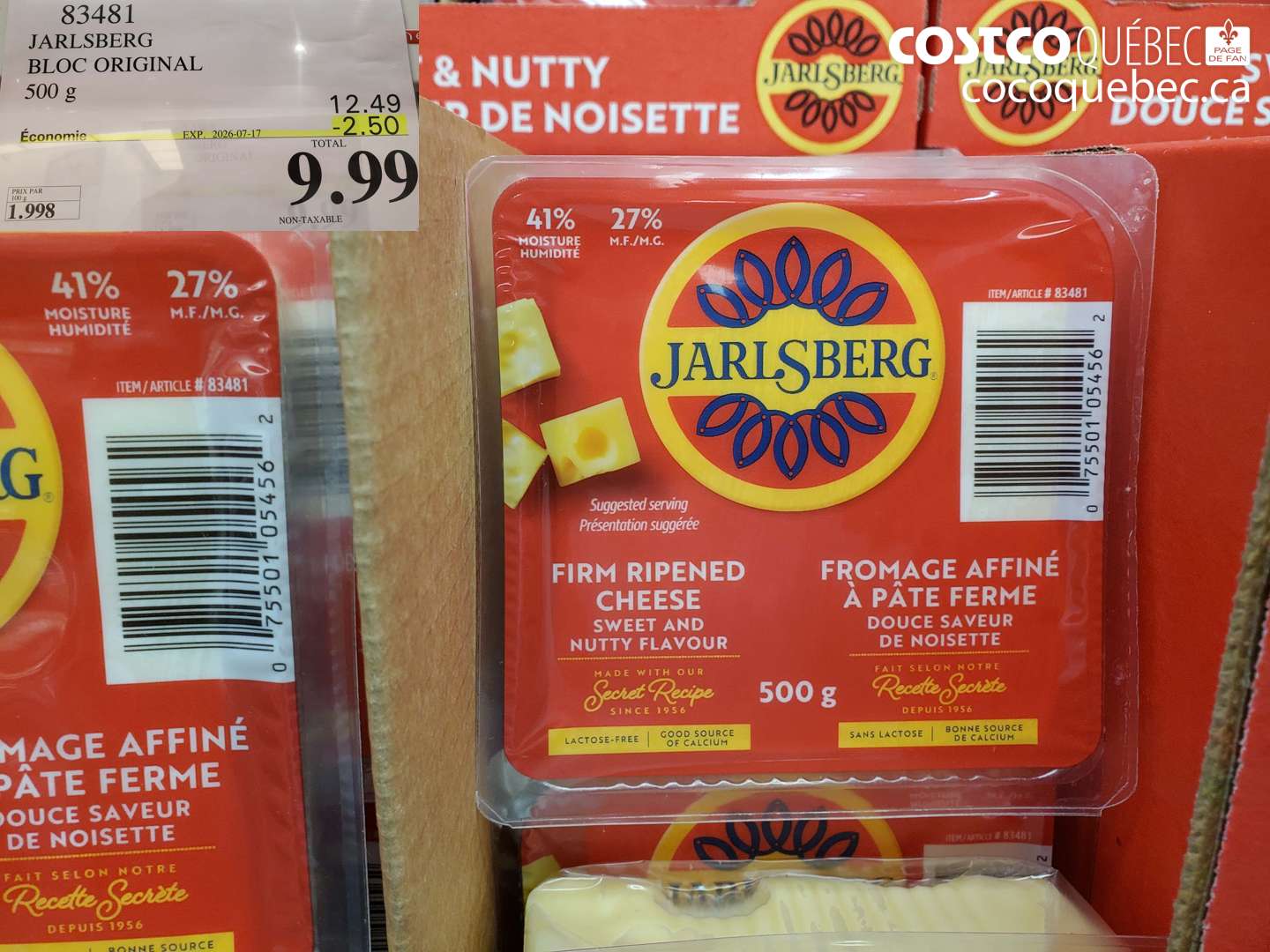 83481 JARLSBERG BLOC ORIGINAL 500 G ($2.50 INSTANT SAVINGS EXPIRES ON 2026-07-17) $9.99