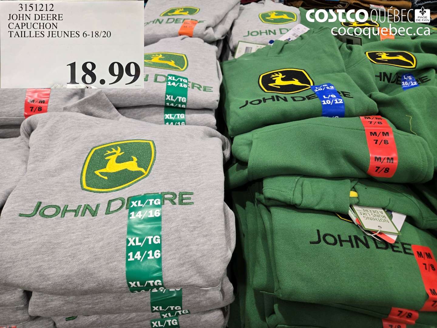 3151212 JOHN DEERE CAPUCHON TAILLES JEUNES 6-18/20 $18.99