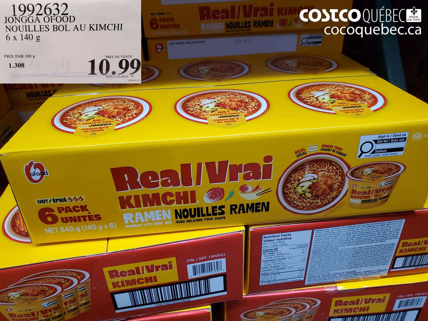 1992632 JONGGA OFOOD NOUILLES BOL AU KIMCHI 6 X 140 G $10.99
