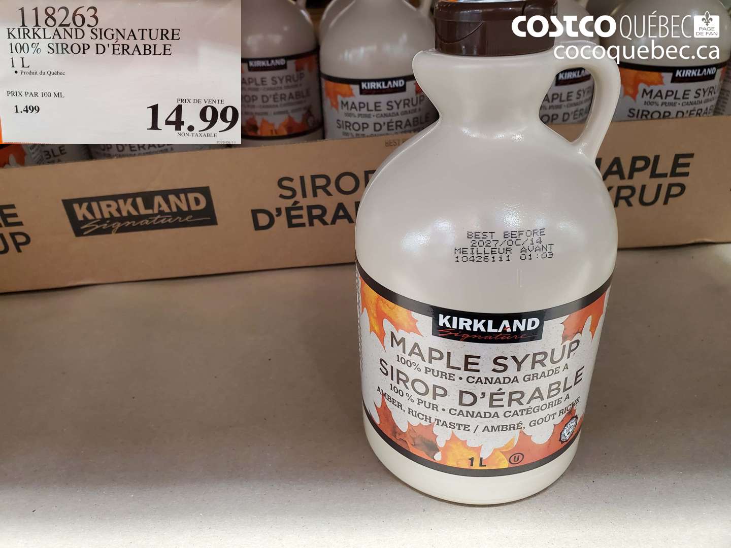 118263 KIRKLAND SIGNATURE 100% SIROP D'ÉRABLE 1 L $14.99