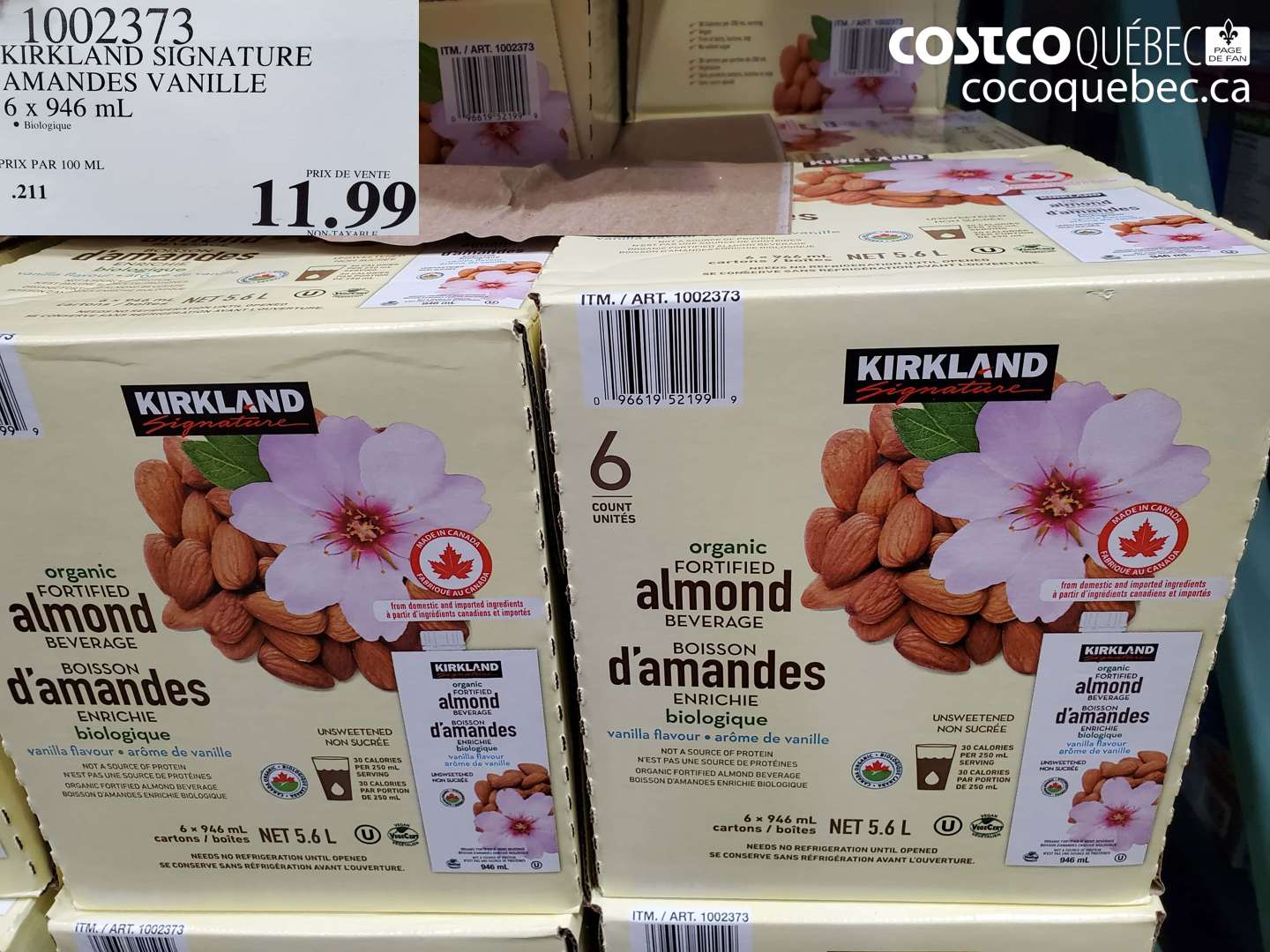 1002373 KIRKLAND SIGNATURE AMANDES VANILLE 6 X 946 ML $11.99