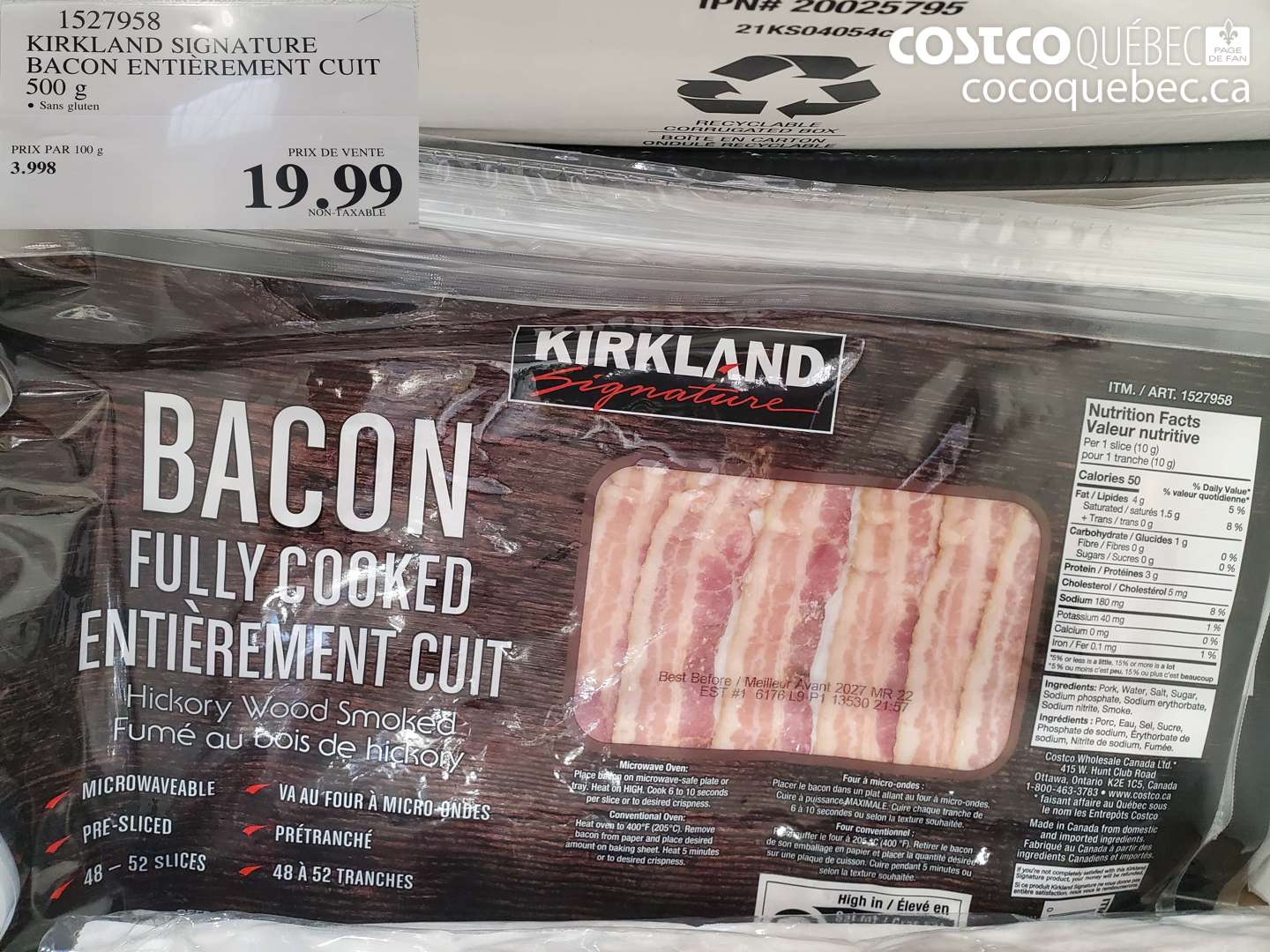 1527958 KIRKLAND SIGNATURE BACON ENTIÈREMENT CUIT 500 G $19.99