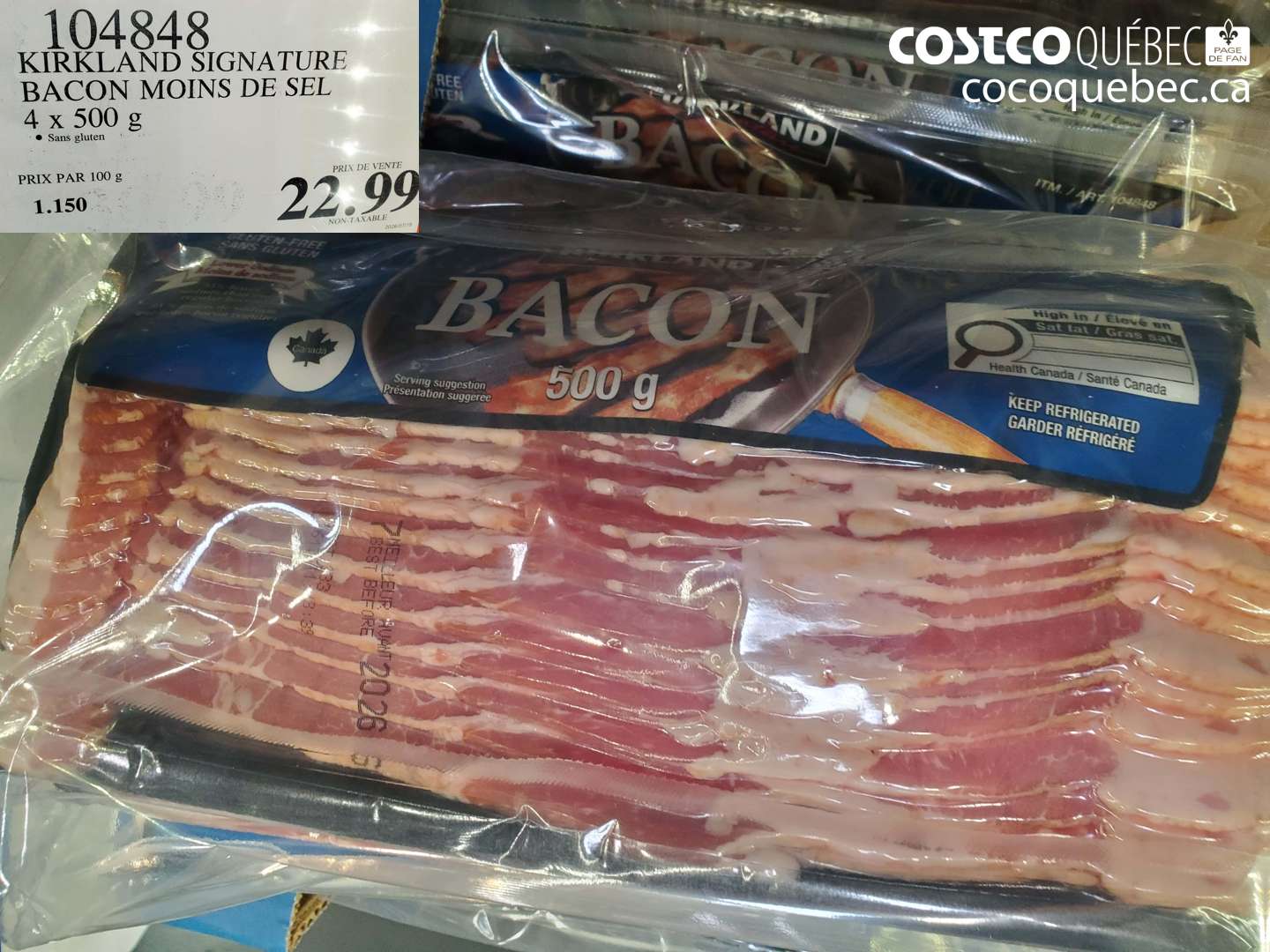 104848 KIRKLAND SIGNATURE BACON MOINS DE SEL 4 X 500 G $22.99