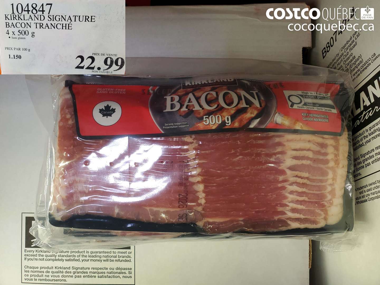 104847 KIRKLAND SIGNATURE BACON TRANCHÉ 4 X 500 G $22.99