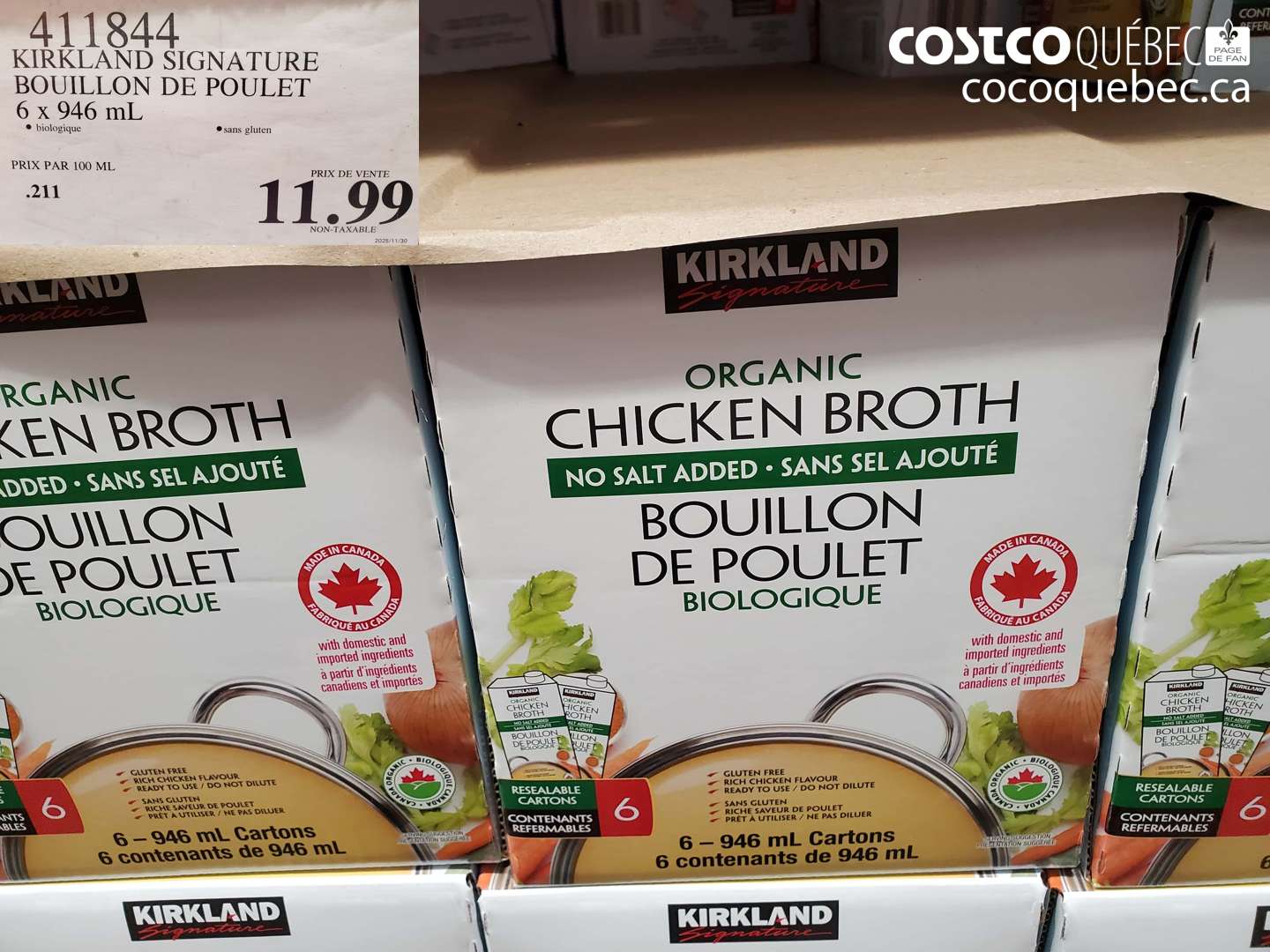 411844 KIRKLAND SIGNATURE BOUILLON DE POULET 6 X 946 ML $11.99