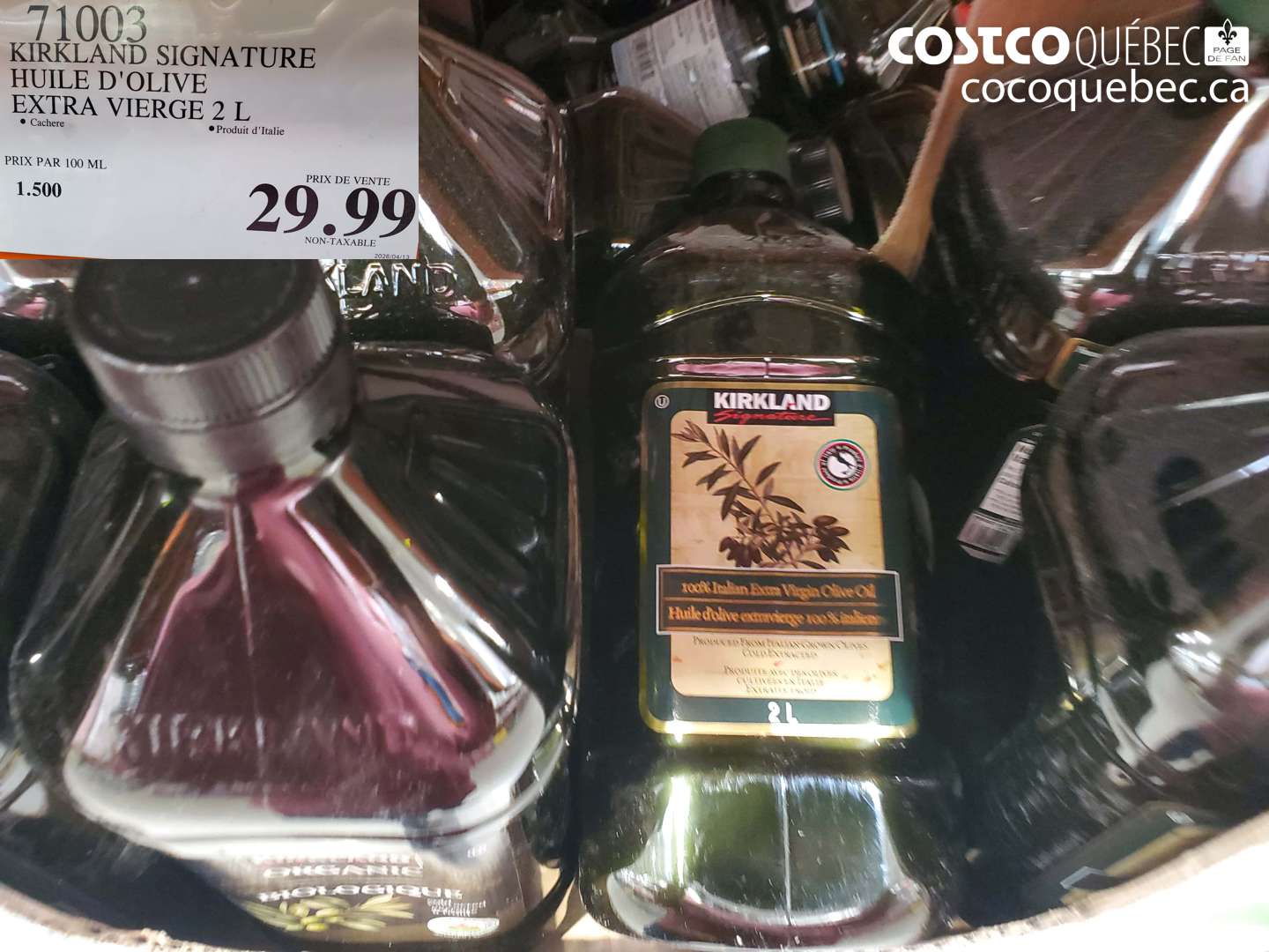 71003 KIRKLAND SIGNATURE HUILE D'OLIVE EXTRA VIERGE 2 L $29.99