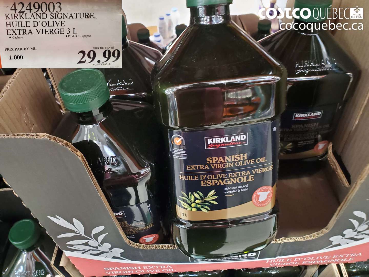 4249003 KIRKLAND SIGNATURE HUILE D'OLIVE EXTRA VIERGE 3 L $29.99