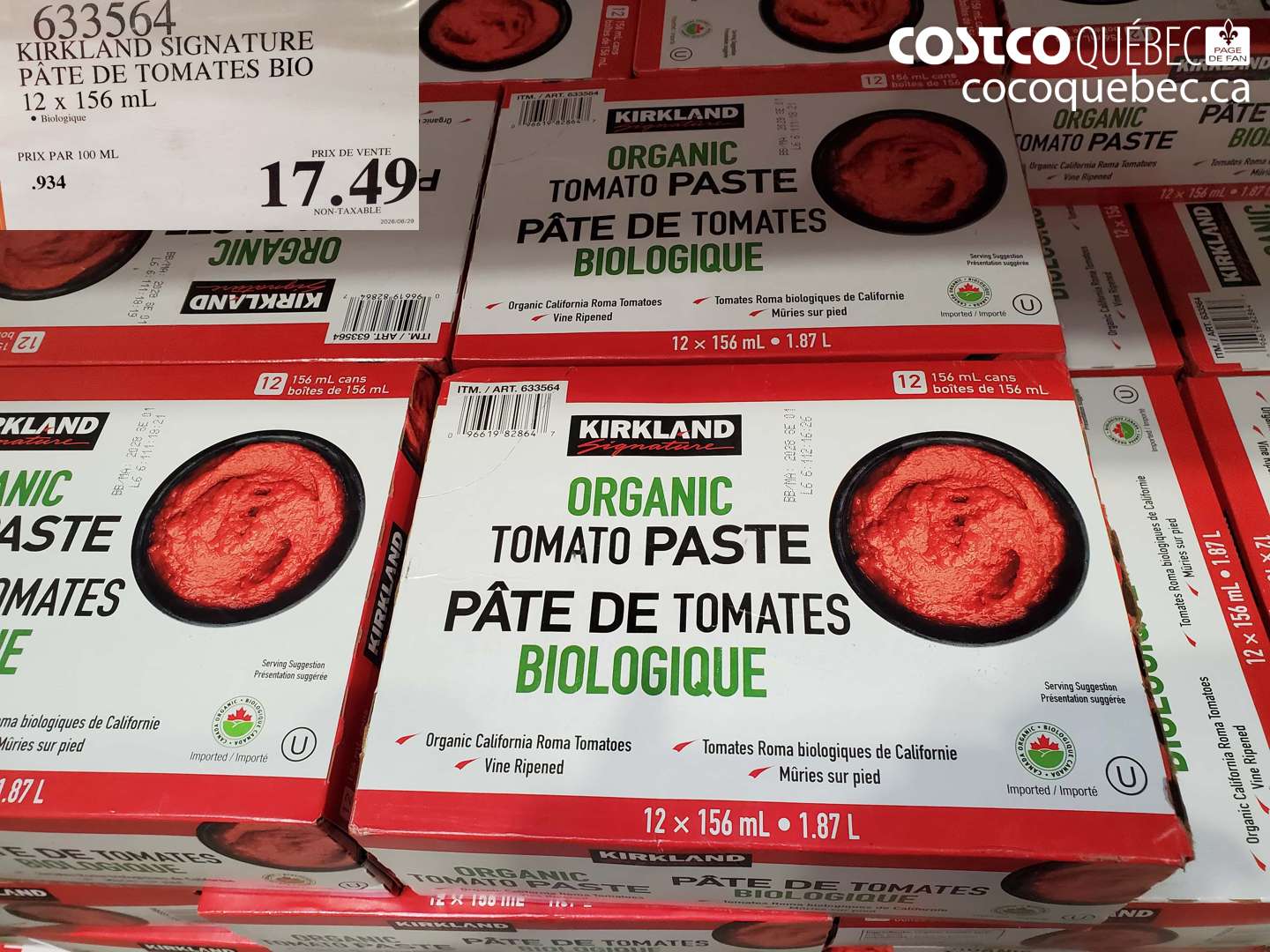 633564 KIRKLAND SIGNATURE PÂTE DE TOMATES BIO 12 X 156 ML $17.49