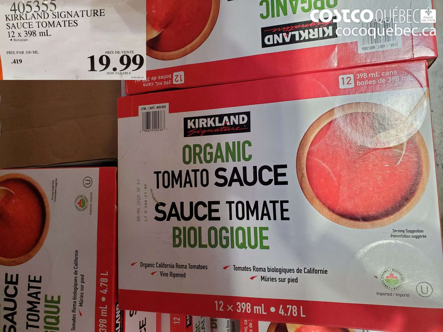 405355 KIRKLAND SIGNATURE SAUCE TOMATES 12 X 398 ML $19.99