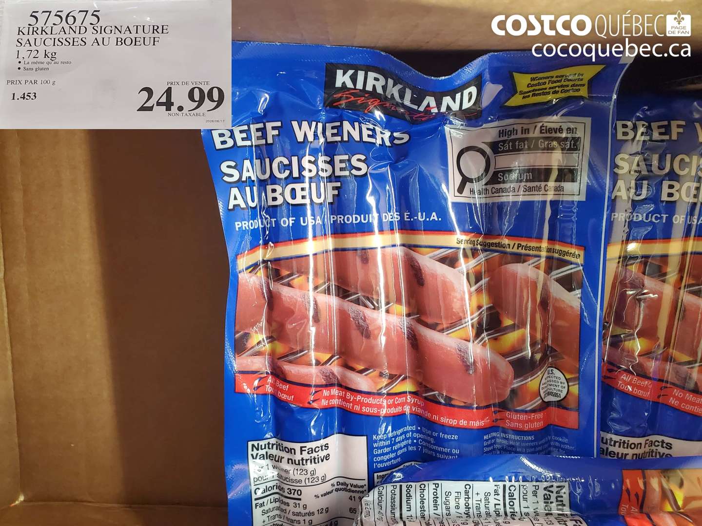 575675 KIRKLAND SIGNATURE SAUCISSES AU BOEUF 1.72 KG $24.99