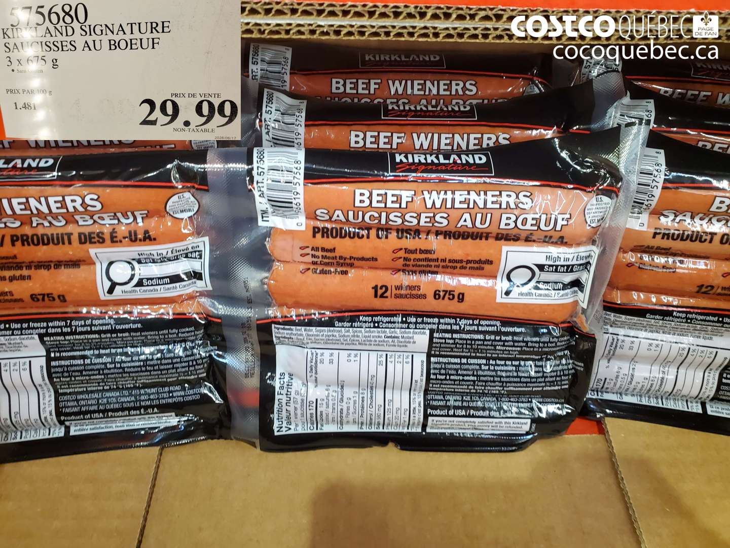 575680 KIRKLAND SIGNATURE SAUCISSES AU BOEUF 3 X 675 G $29.99