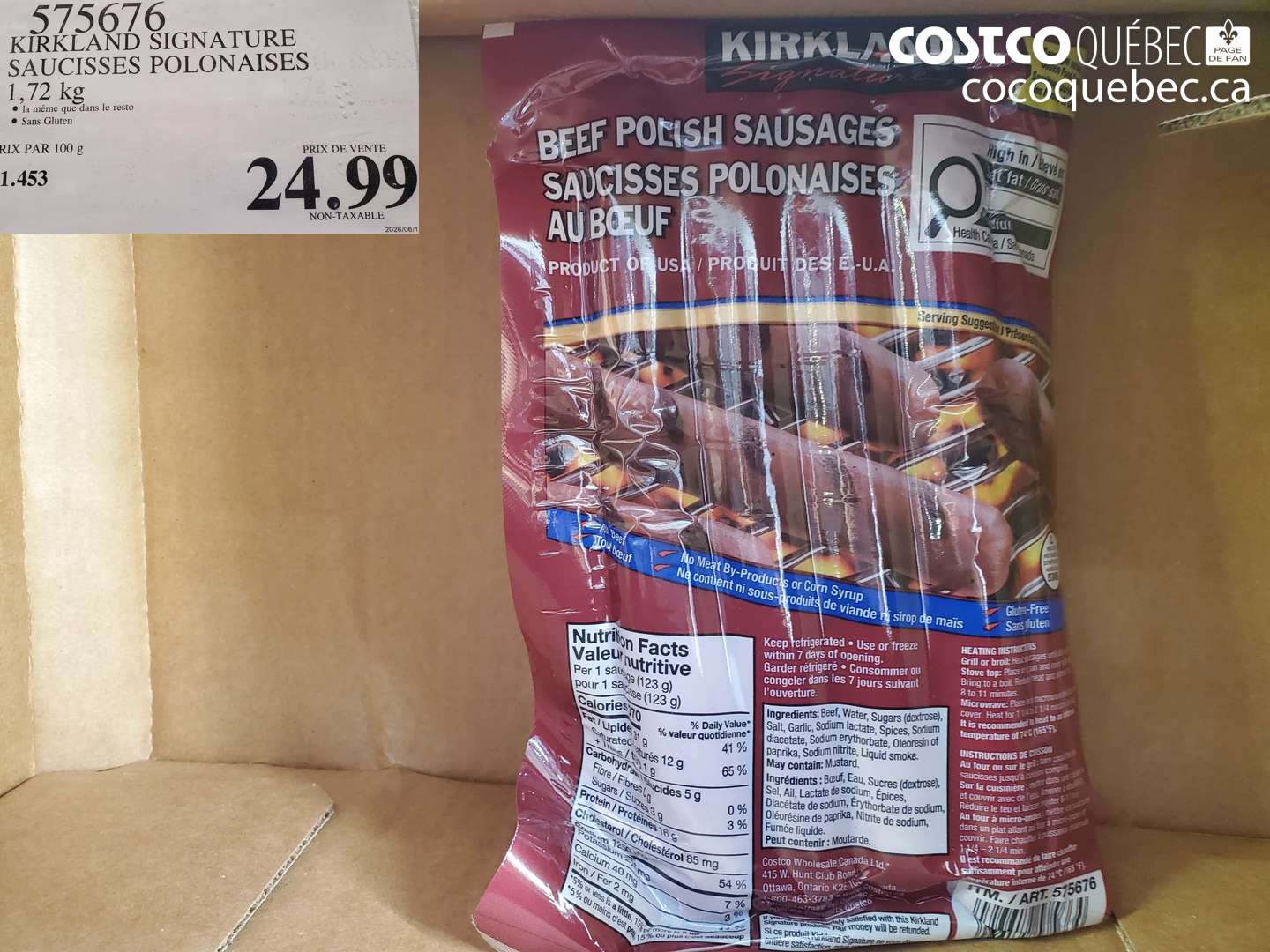 575676 KIRKLAND SIGNATURE SAUCISSES POLONAISES 1.72 KG $24.99