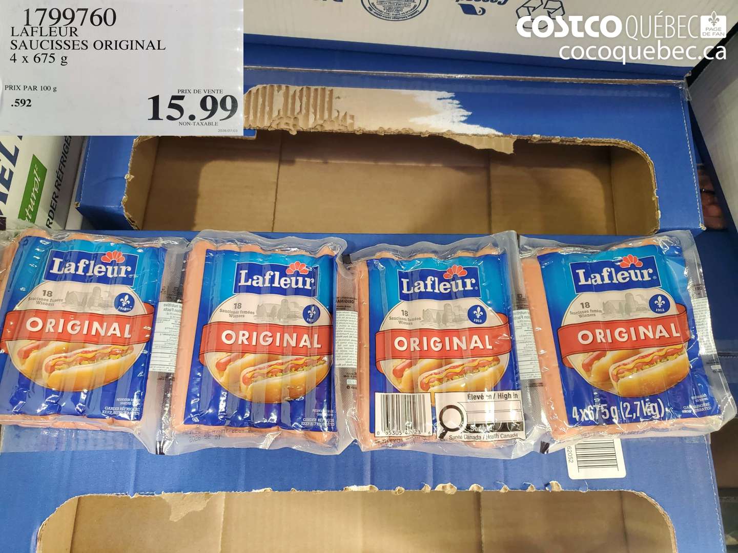 1799760 LAFLEUR SAUCISSES ORIGINAL 4 X 675 G $15.99