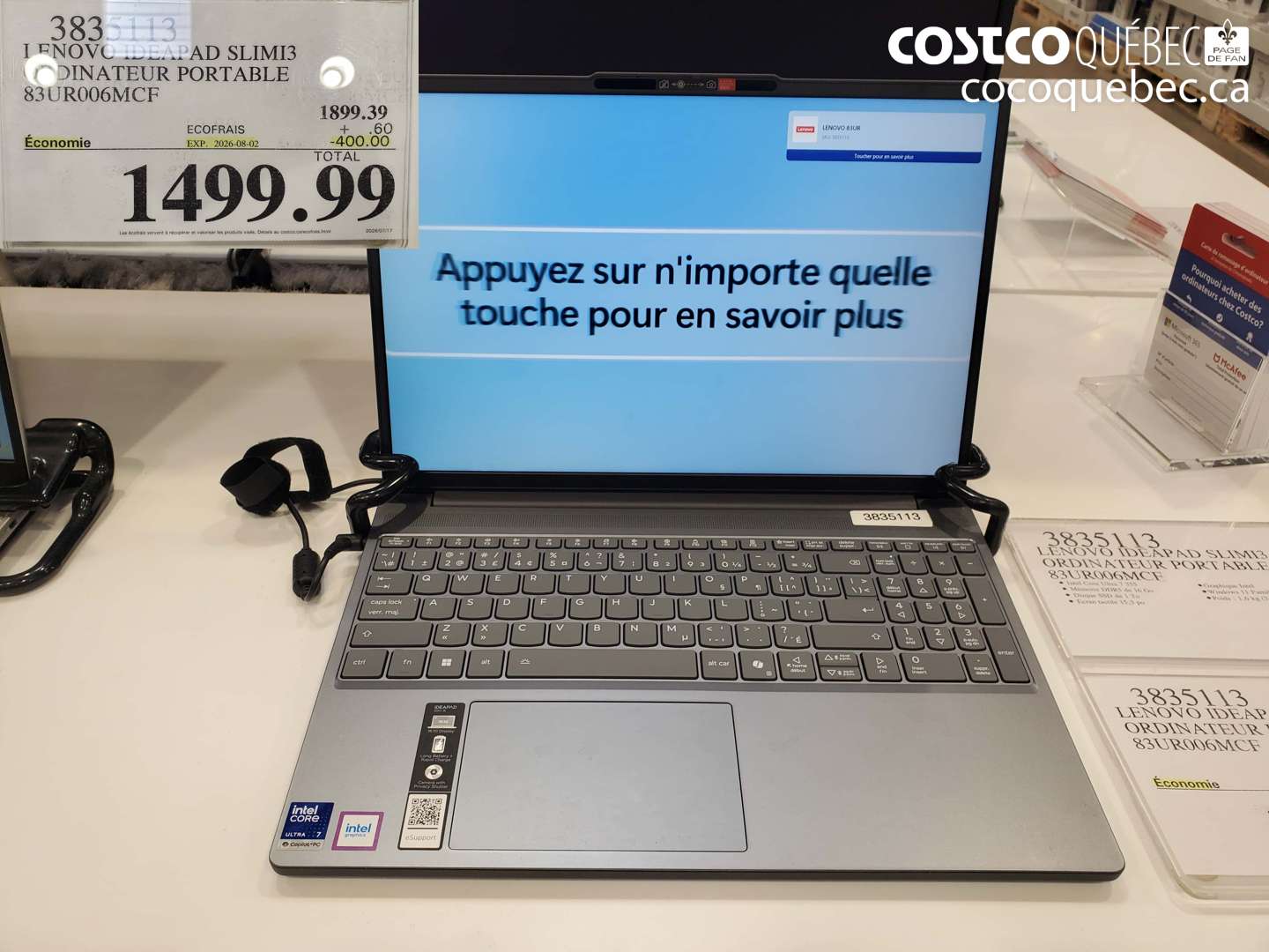3835113 LENOVO IDEAPAD SLIMI3 ORDINATEUR PORTABLE 83UR006MCF ($400.00 INSTANT SAVINGS EXPIRES ON 2026-08-02) $1499.99