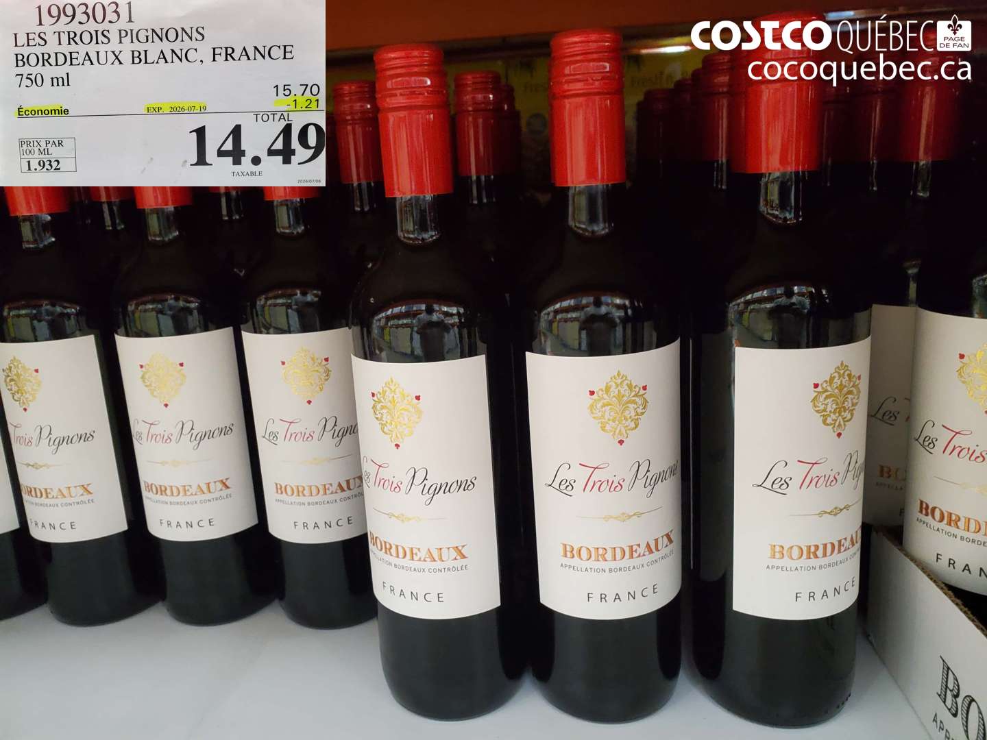 1993031 LES TROIS PIGNONS BORDEAUX BLANC, FRANCE 750 ML ($1.21 INSTANT SAVINGS EXPIRES ON 2026-07-19) $14.49