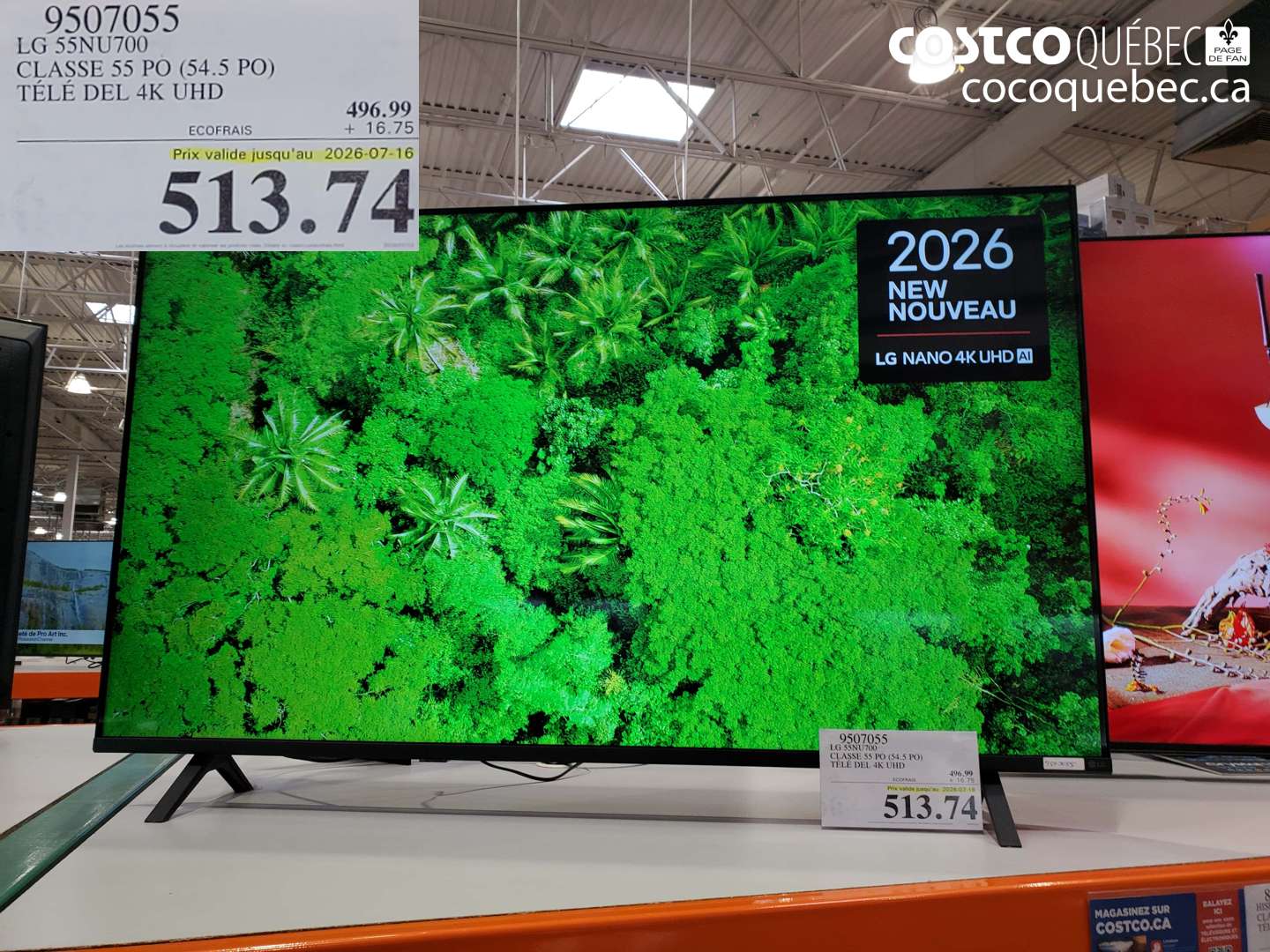 9507055 LG 55NU700 CLASSE 55 PO (54.5 PO) TÉLÉ DEL 4K UHD (EXPIRES ON 2026-07-16) $513.74