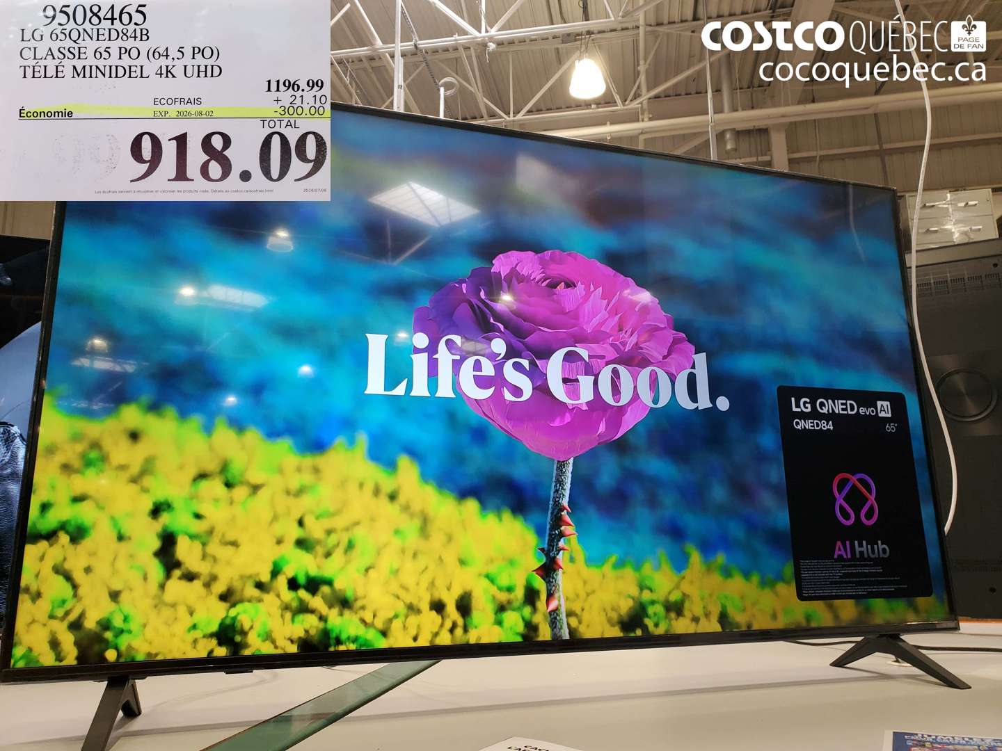 9508465 LG 65QNED84B CLASSE 65 PO (64.5 PO) TÉLÉ MINIDEL 4K UHD ($300.00 INSTANT SAVINGS EXPIRES ON 2026-08-02) $918.09