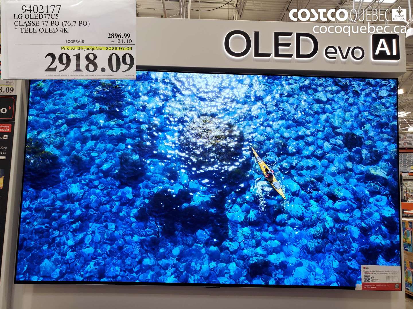 9402177 LG OLED77C5 CLASSE 77 PO (76.7 PO) TÉLÉ OLED 4K (EXPIRES ON 2026-07-09) $2918.09