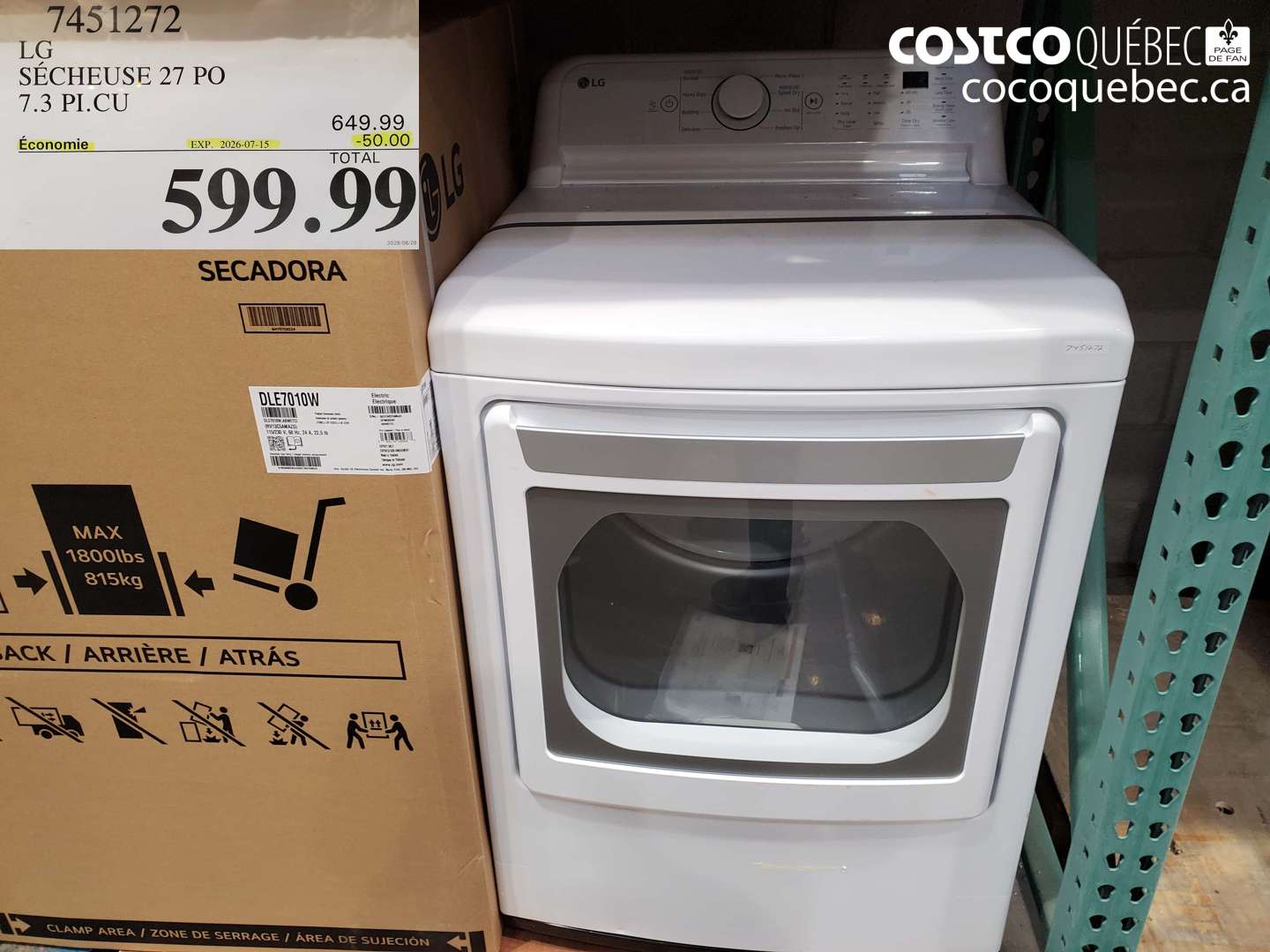 7451272 LG SÉCHEUSE 27 PO 7.3 PI.CU ($50.00 INSTANT SAVINGS EXPIRES ON 2026-07-15) $599.99