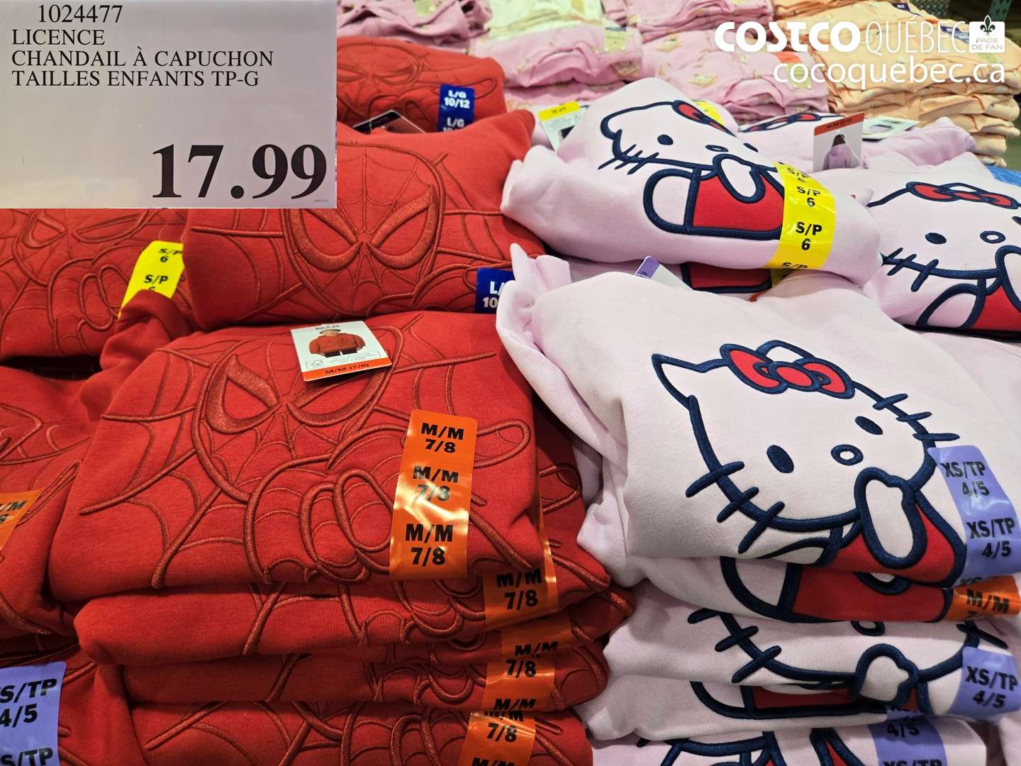 1024477 LICENCE CHANDAIL À CAPUCHON TAILLES ENFANTS TP-G $17.99