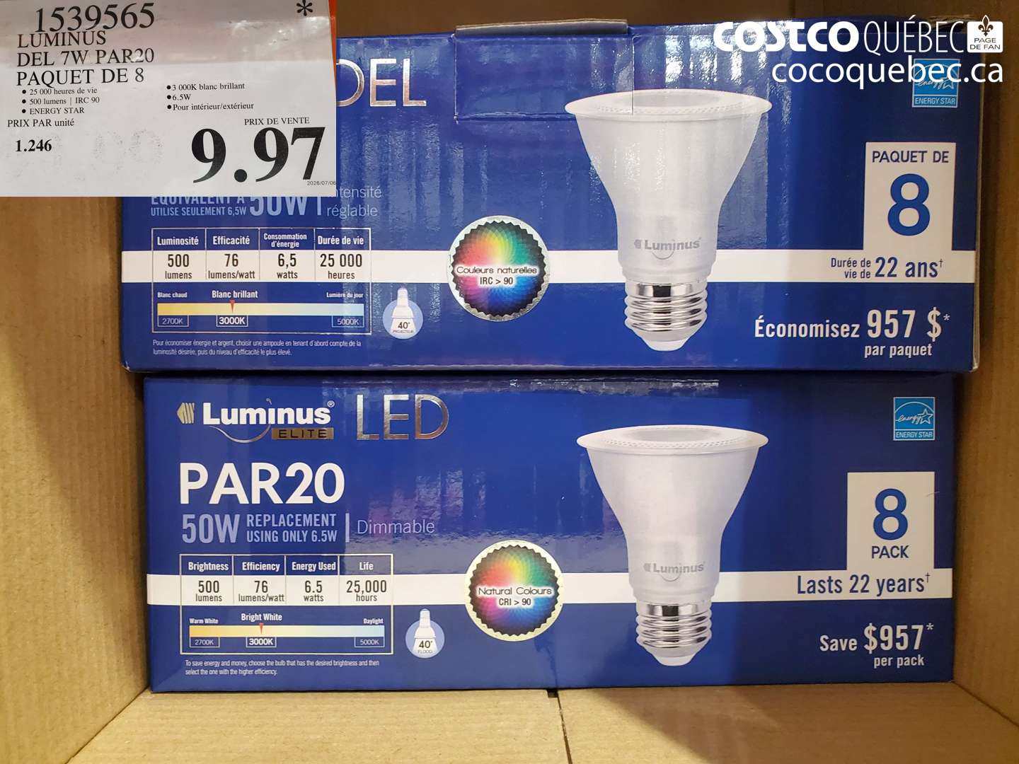 1539565 LUMINUS DEL 7W PAR20 PAQUET DE 8 $9.97