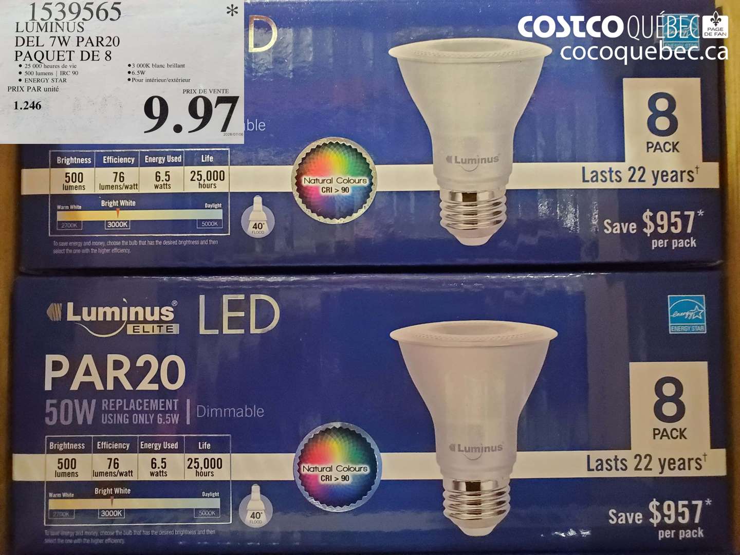 1539565 LUMINUS DEL 7W PAR20 PAQUET DE 8 $9.97