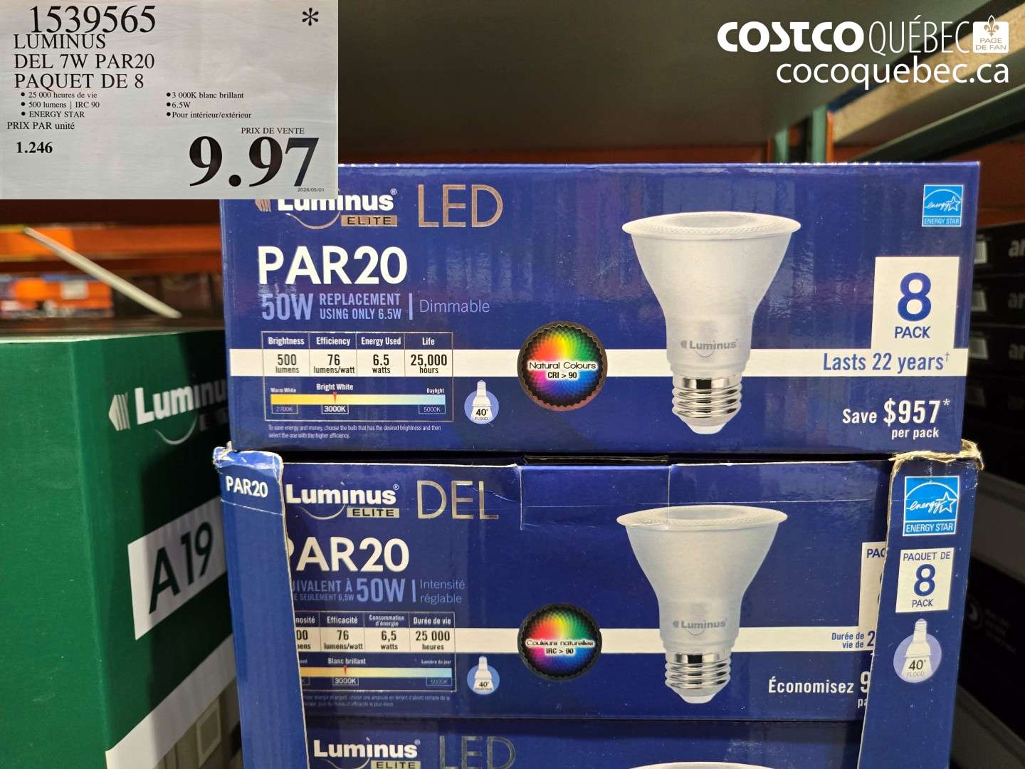 1539565 LUMINUS DEL 7W PAR20 PAQUET DE 8 $9.97