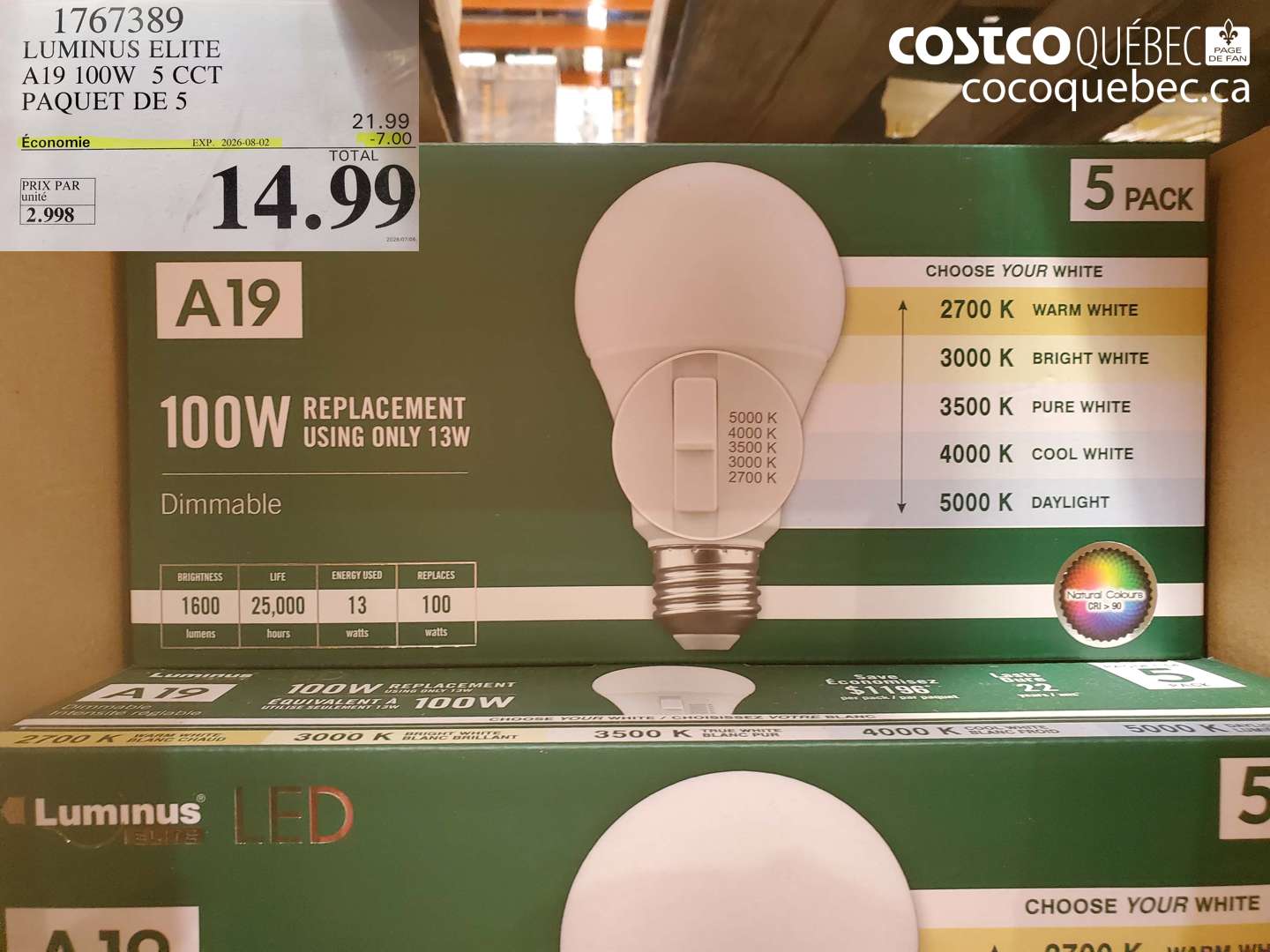 1767389 LUMINUS ELITE A19 100W 5 CCT PAQUET DE 5 ($7.00 INSTANT SAVINGS EXPIRES ON 2026-08-02) $14.99
