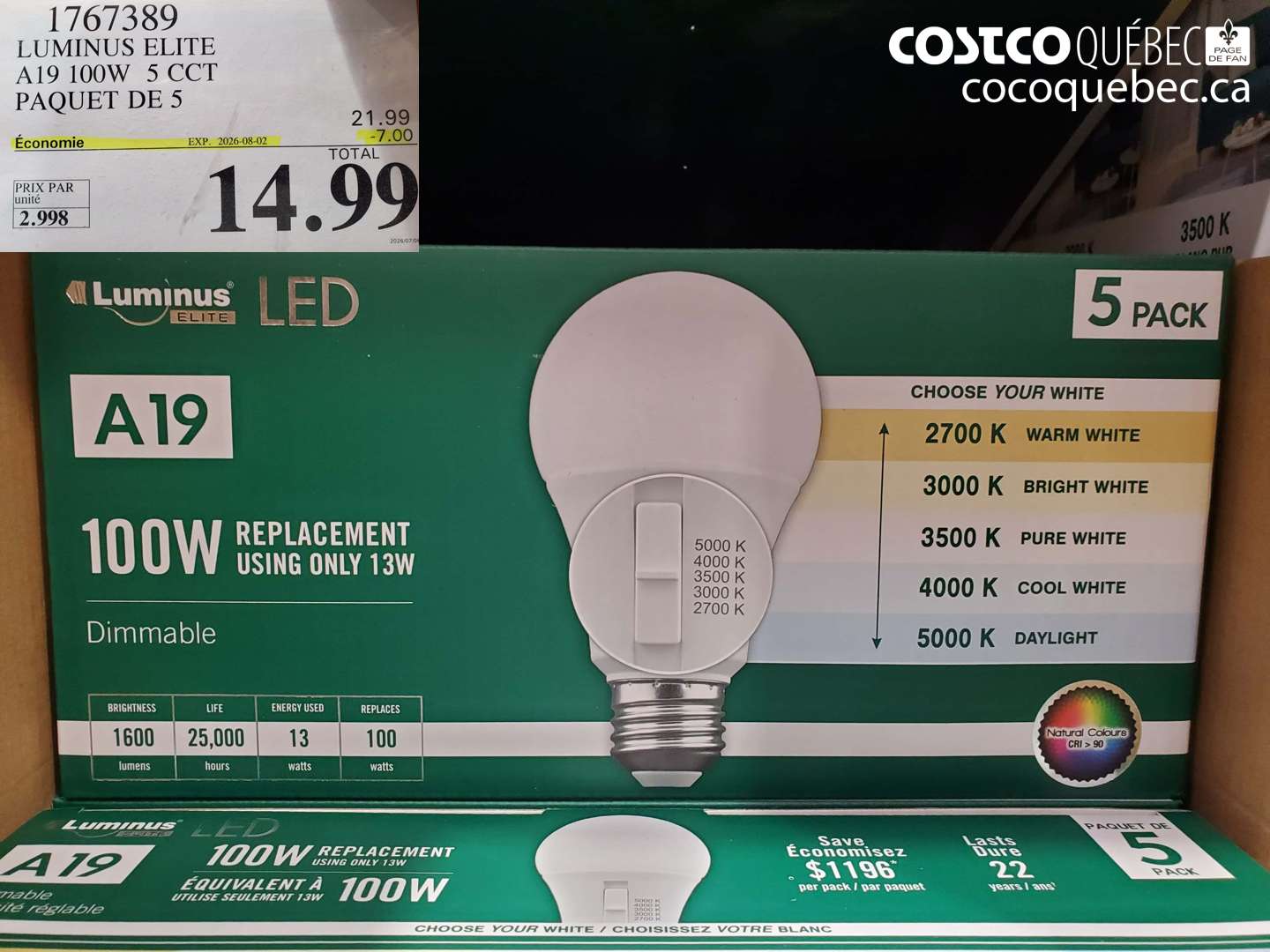 1767389 LUMINUS ELITE A19 100W 5 CCT PAQUET DE 5 ($7.00 INSTANT SAVINGS EXPIRES ON 2026-08-02) $14.99