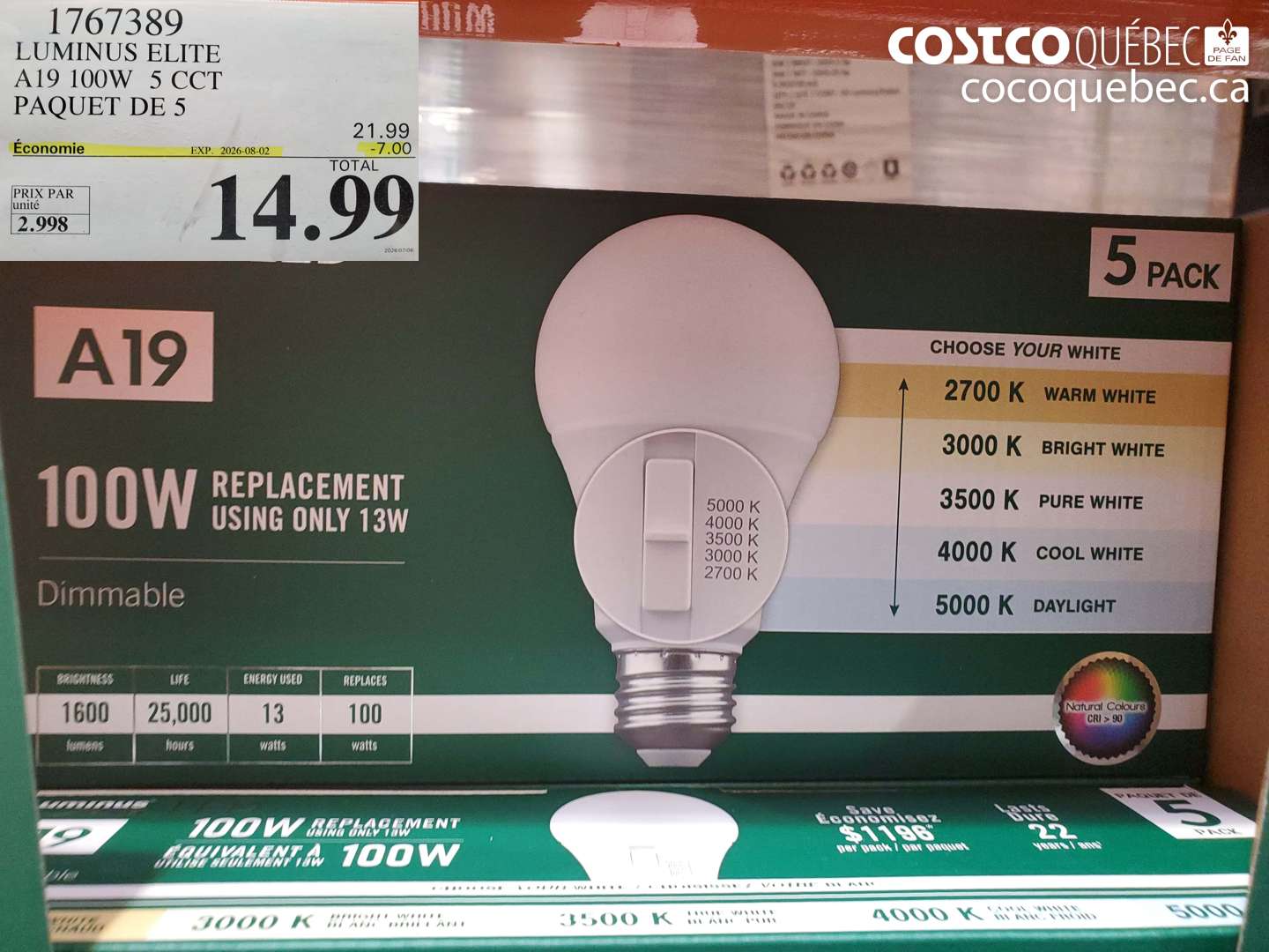 1767389 LUMINUS ELITE A19 100W 5 CCT PAQUET DE 5 ($7.00 INSTANT SAVINGS EXPIRES ON 2026-08-02) $14.99