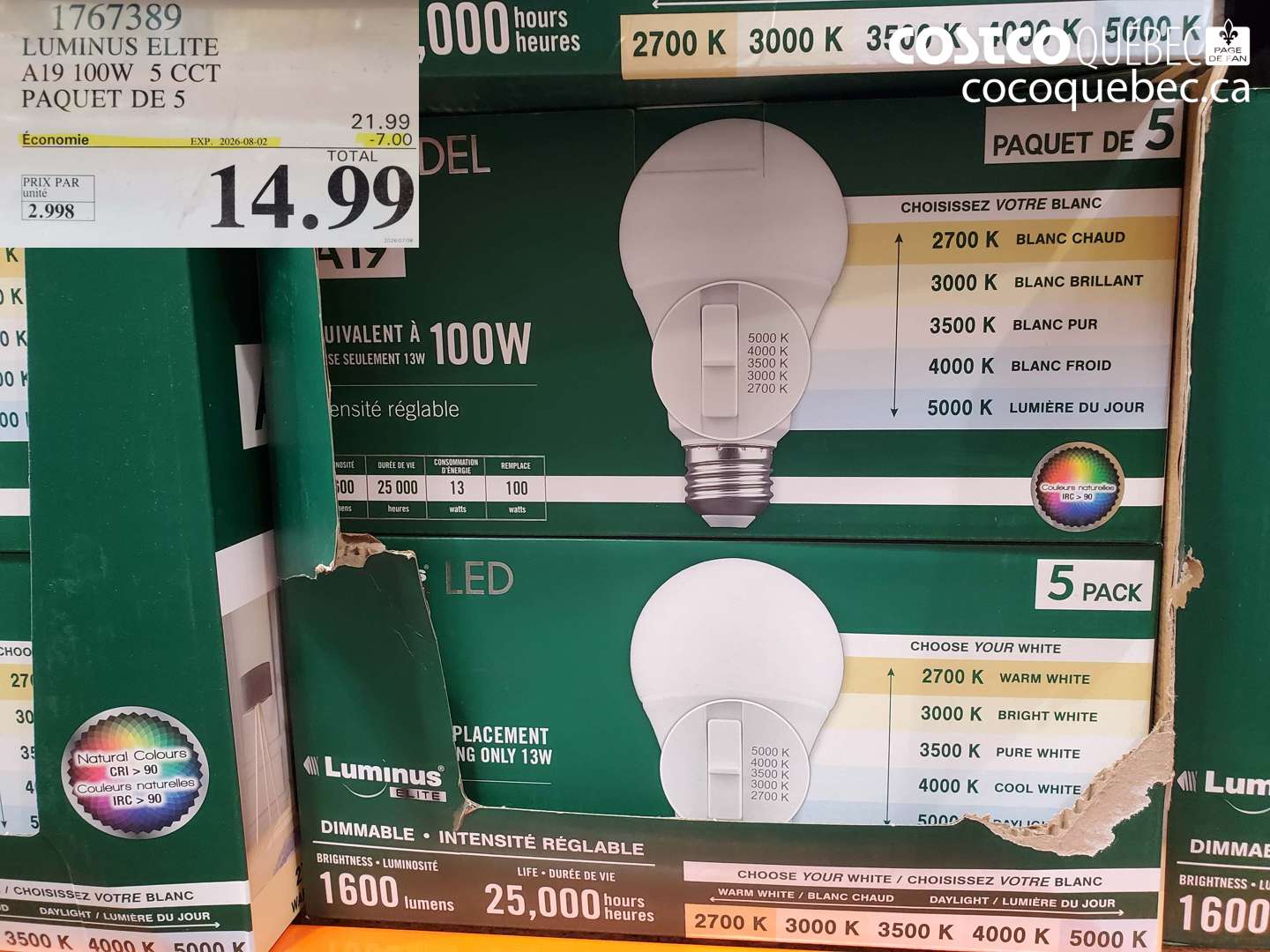 1767389 LUMINUS ELITE A19 100W 5 CCT PAQUET DE 5 ($7.00 INSTANT SAVINGS EXPIRES ON 2026-08-02) $14.99