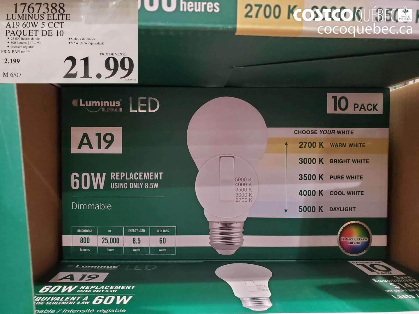 1767388 LUMINUS ELITE A19 60W 5 CCT PAQUET DE 10 $21.99
