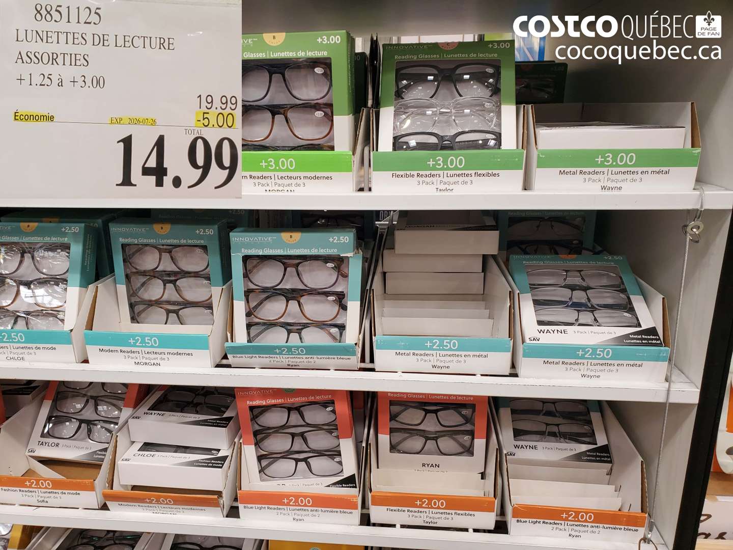 8851125 LUNETTES DE LECTURE ASSORTIES +1.25 À +3.00 ($5.00 INSTANT SAVINGS EXPIRES ON 2026-07-26) $14.99